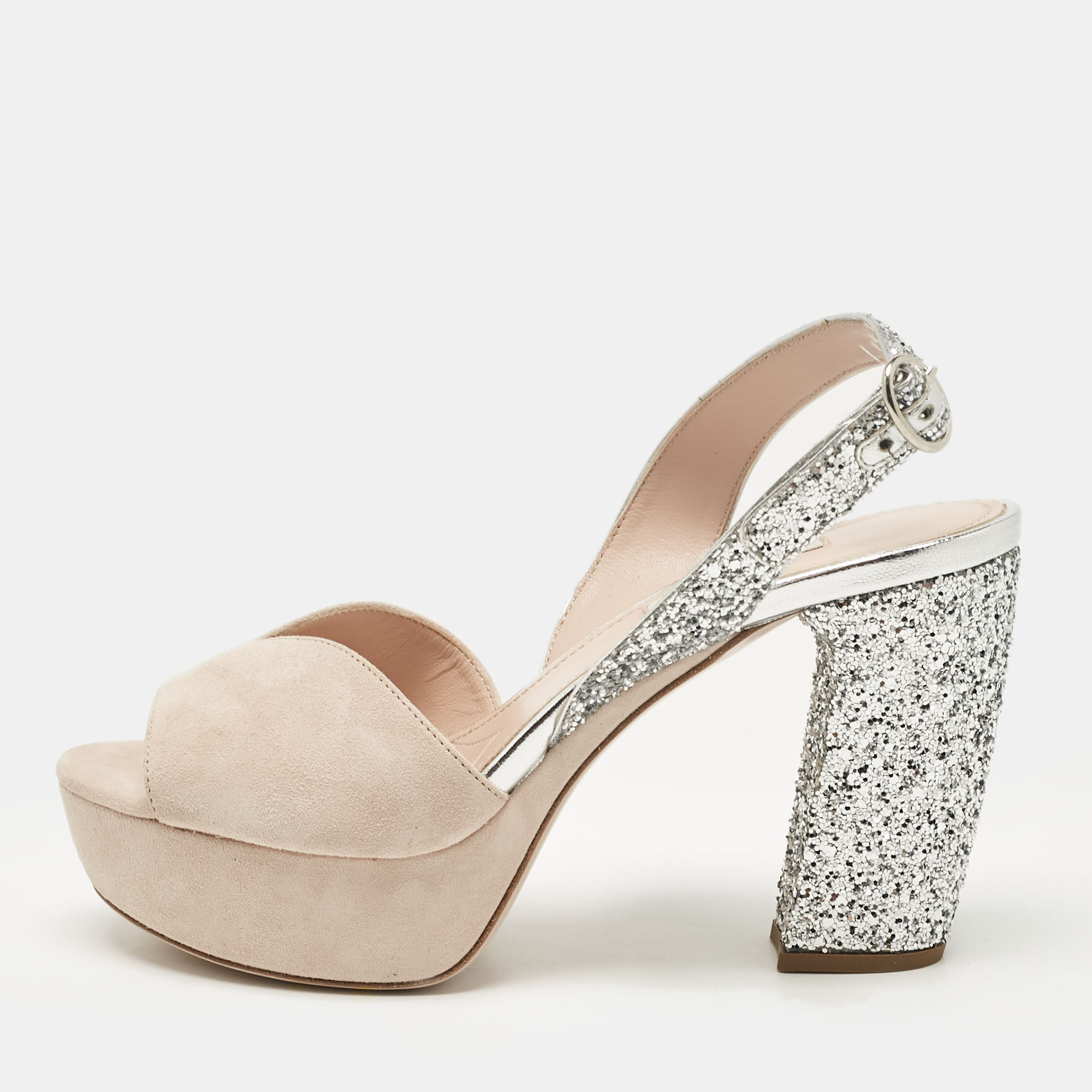 

Miu Miu Pink/Silver Suede and Glitter Platform Sandals Size