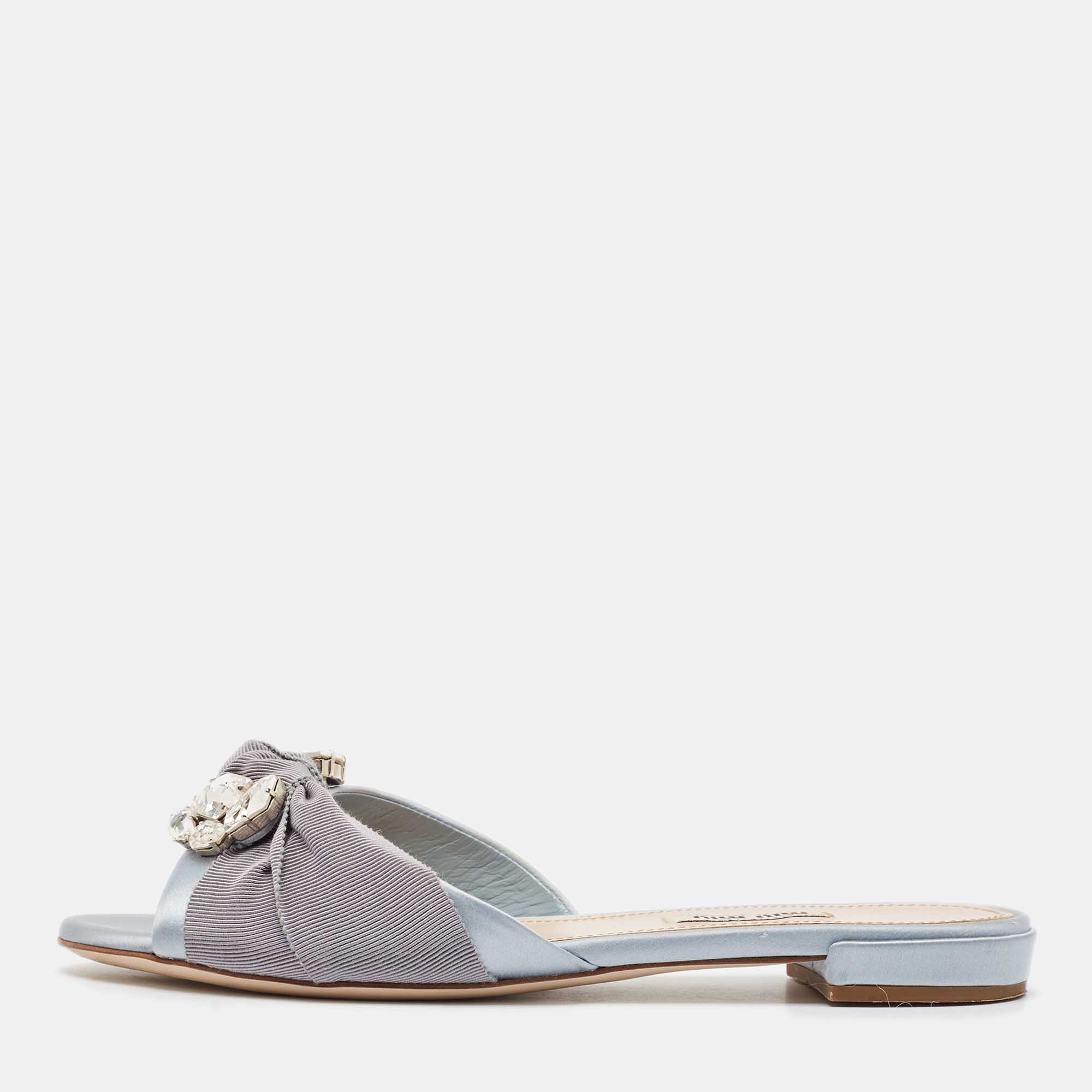 

Miu Miu Light Blue Satin and Canvas Crystals Embellished Knot Slide Flats Size