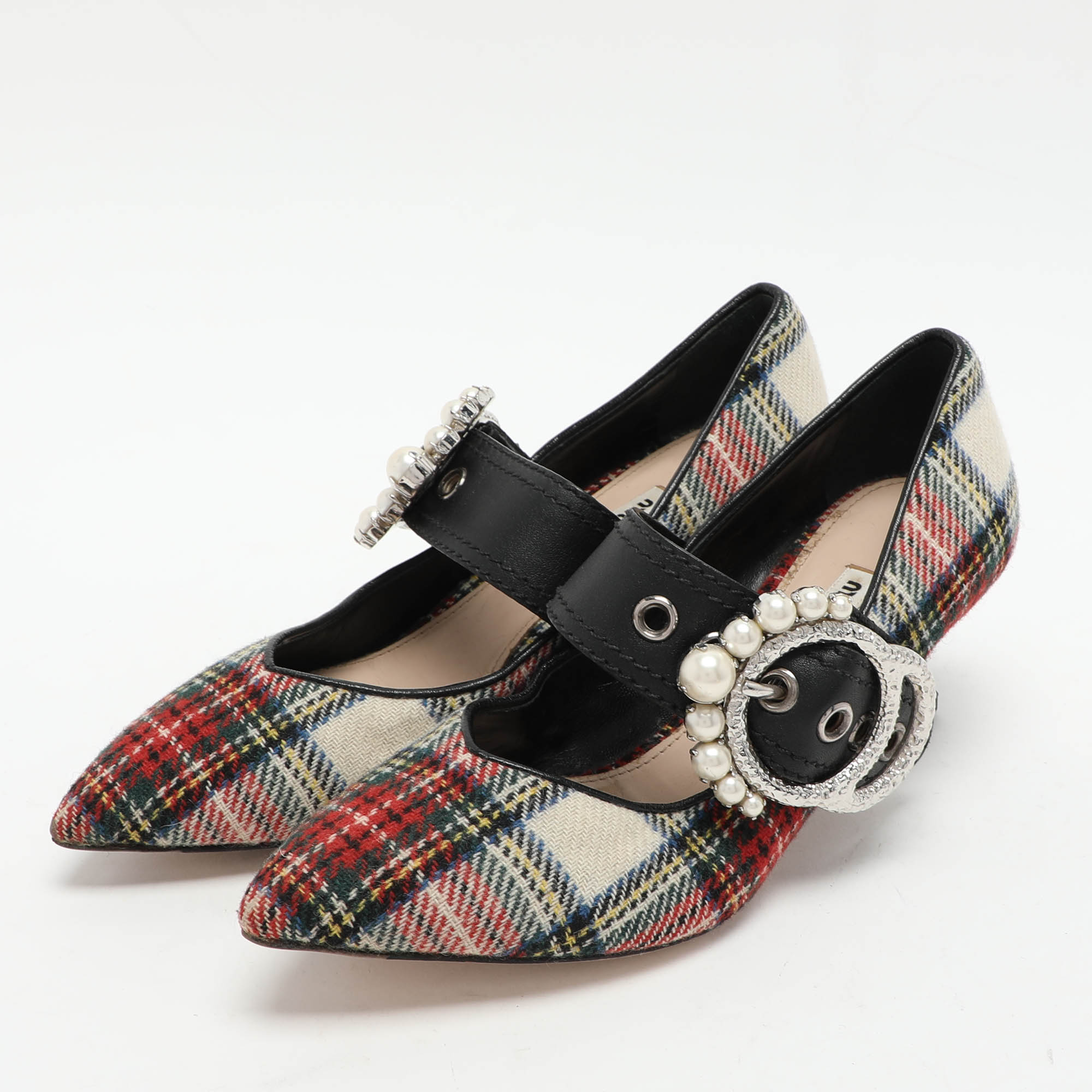 Miu Miu Multicolor Fabric and Leather Embellished Mary Jane Pumps Size 38 