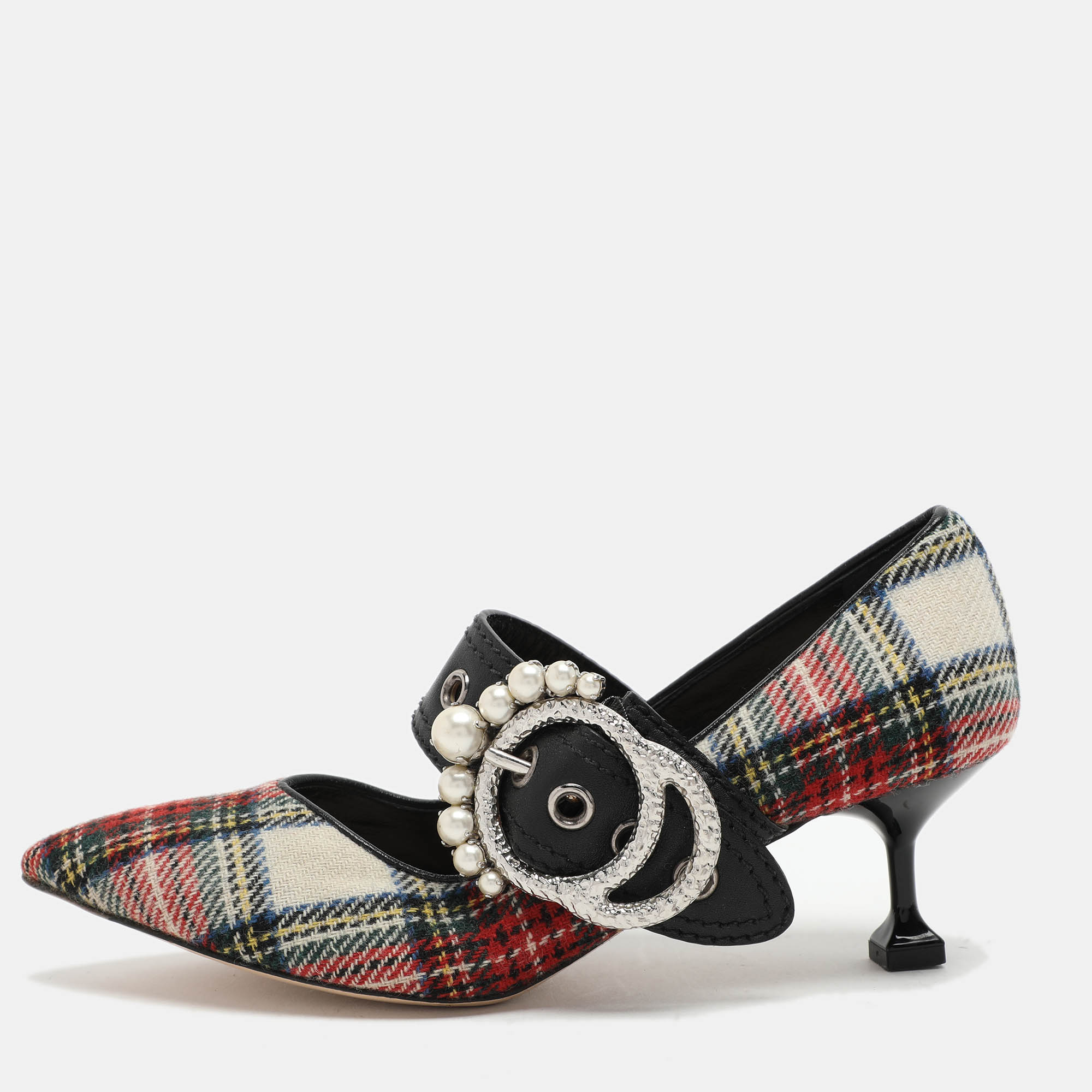 

Miu Miu Multicolor Fabric and Leather Embellished Mary Jane Pumps Size