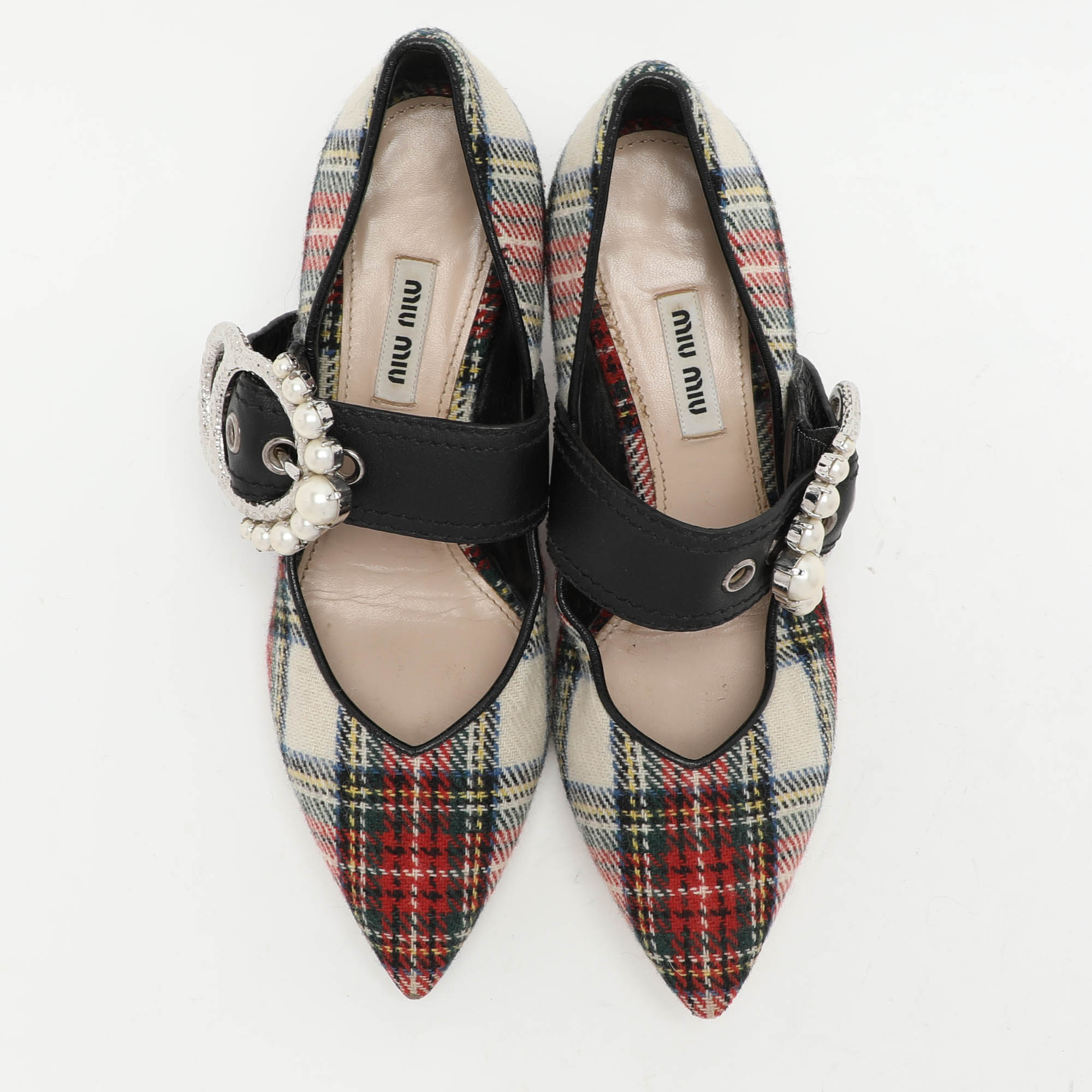 Miu Miu Multicolor Fabric and Leather Embellished Mary Jane Pumps Size 38 