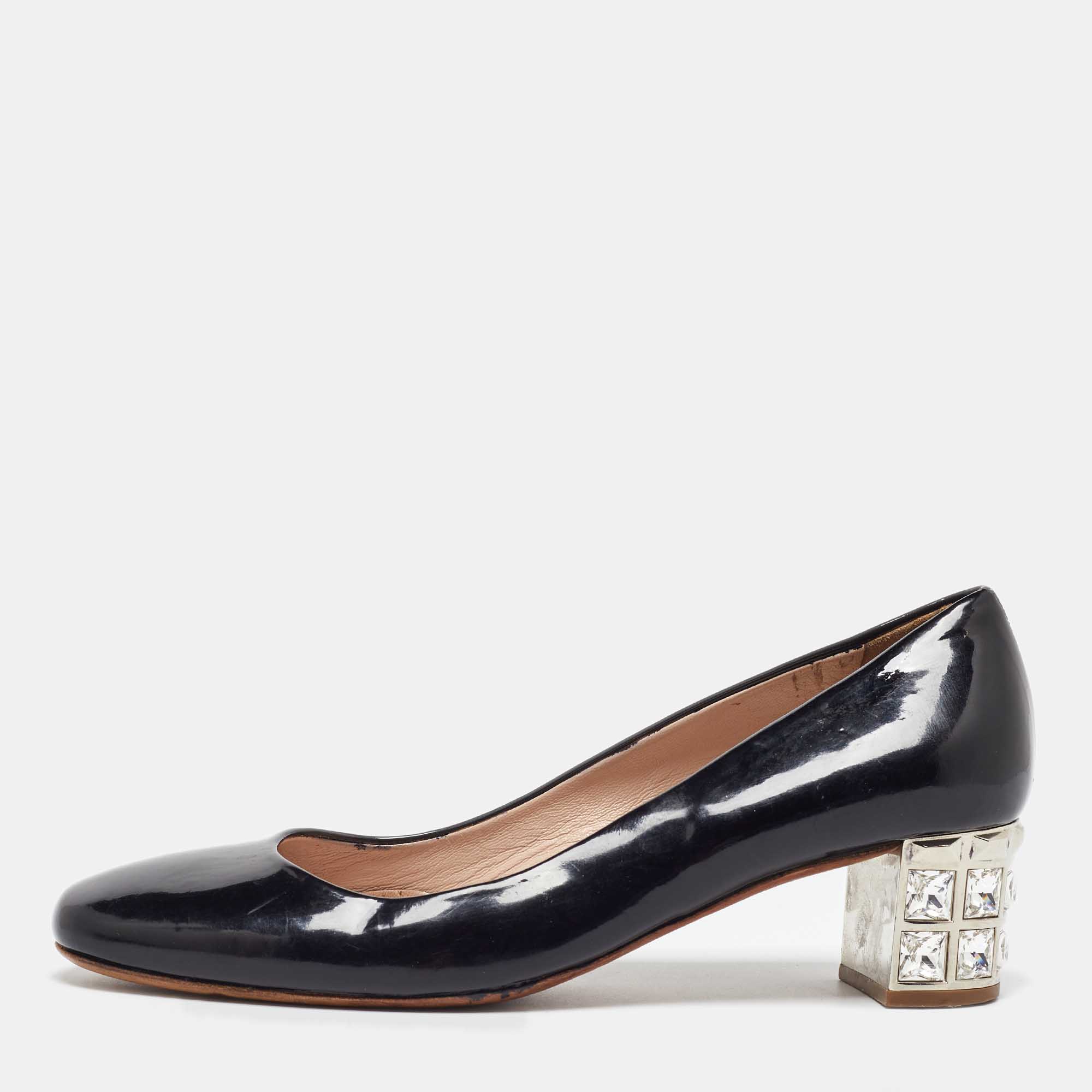 

Miu Miu Black Patent Leather Crystal Embellished Block Heel Pumps Size