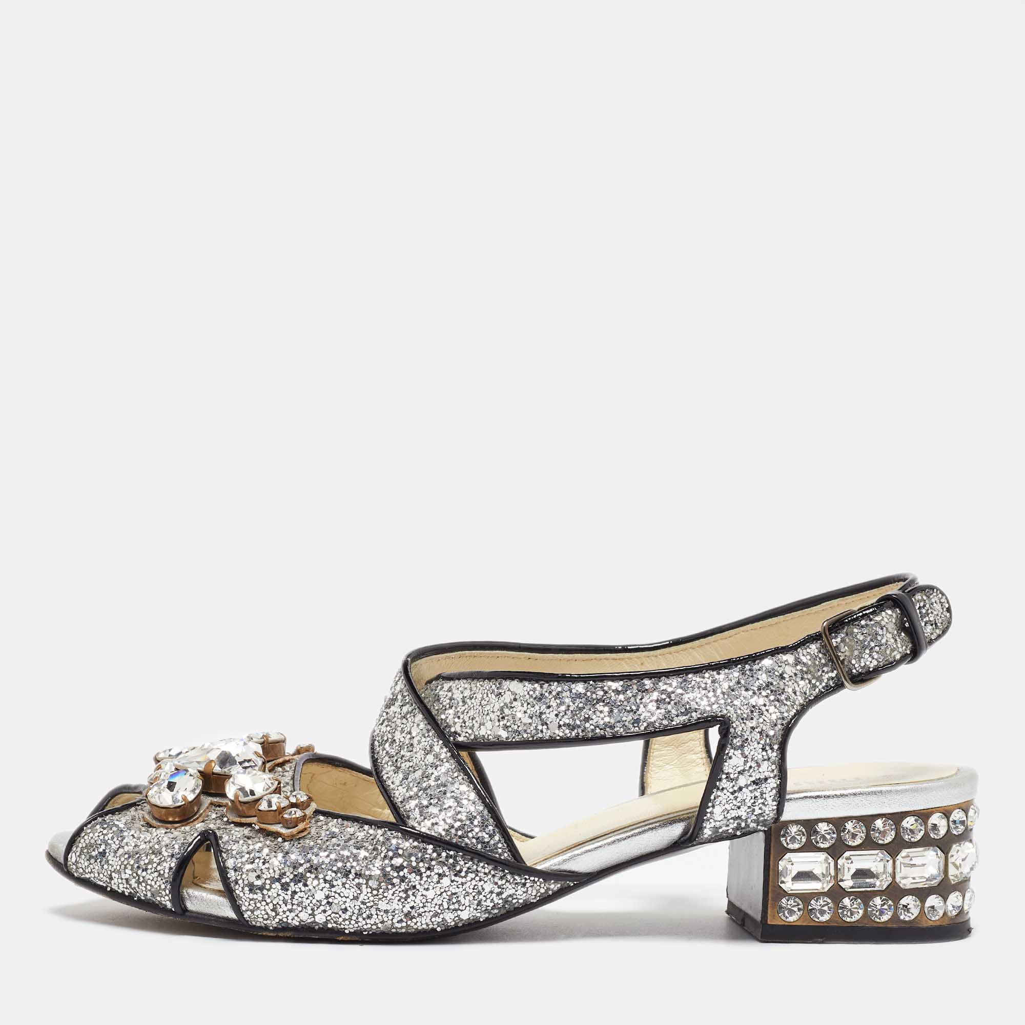 

Miu Miu Silver Glitter and Patent Leather Embellished Ankle Strap Sandals Size