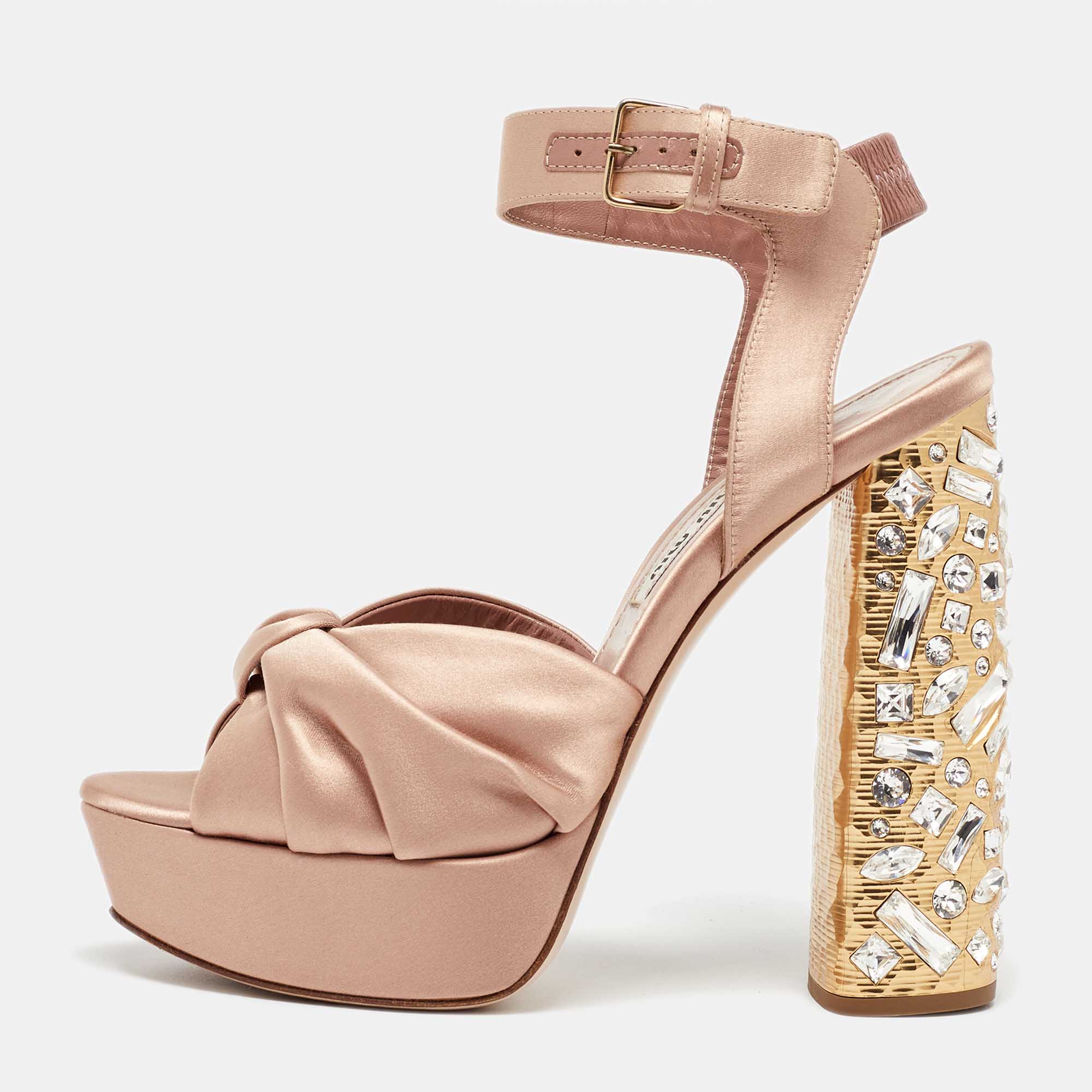 

Miu Miu Beige Satin Crystal Embellished Block Heel Platform Ankle Strap Sandals Size