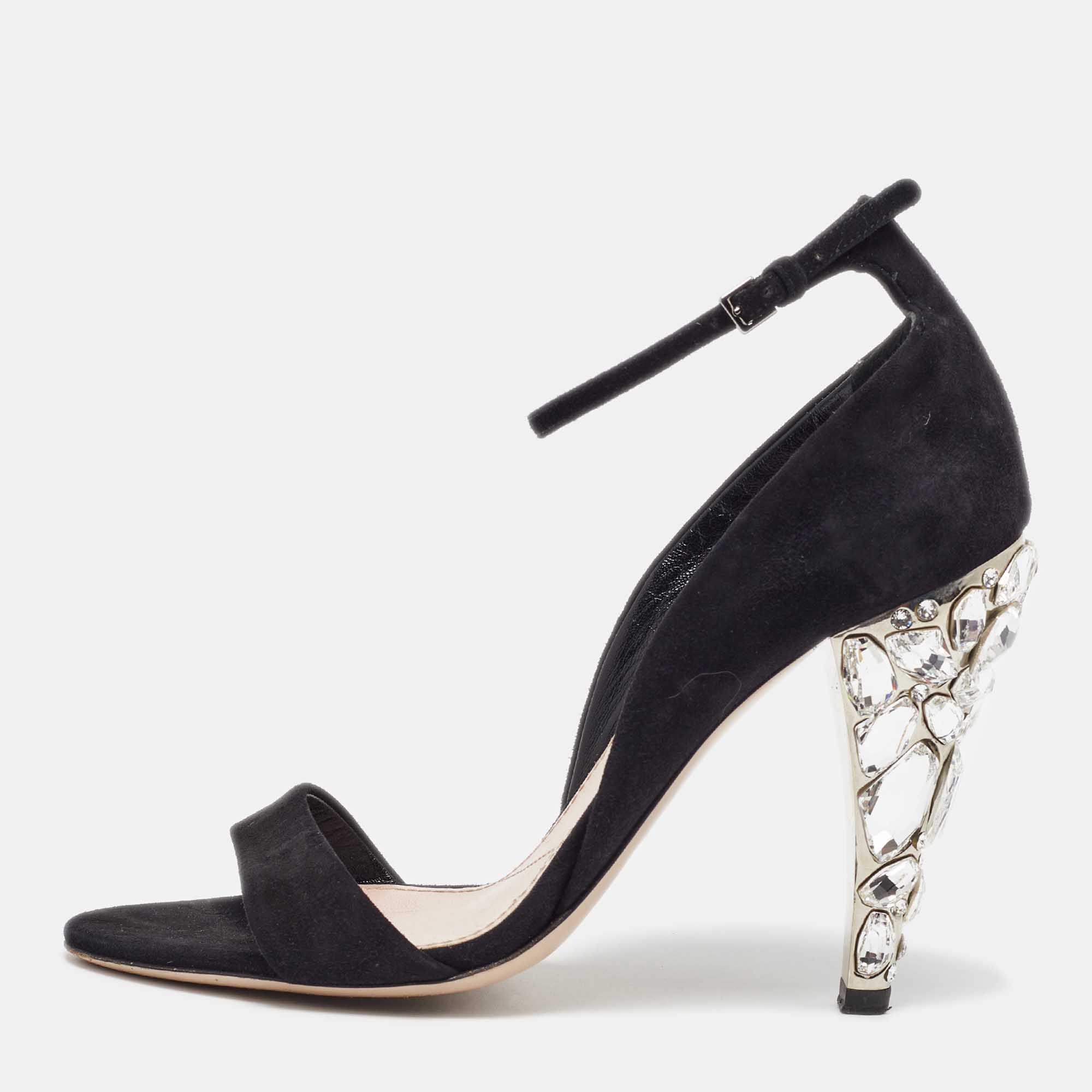 

Miu Miu Black Suede Crystal Embellished Ankle Strap Sandals Size