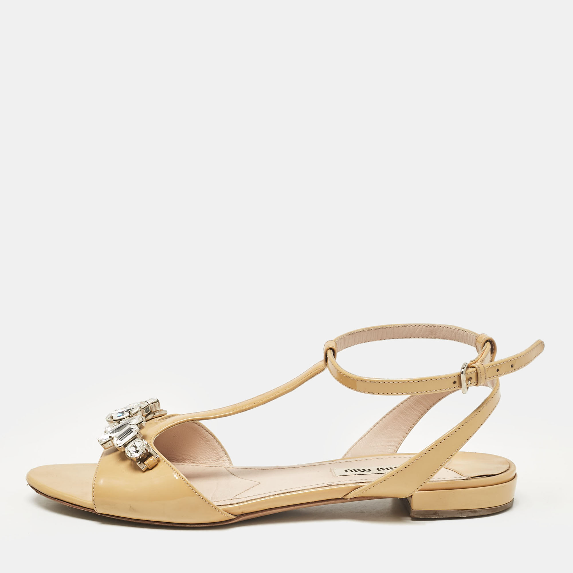 

Miu Miu Beige Patent Leather Ankle Strap Sandals Size