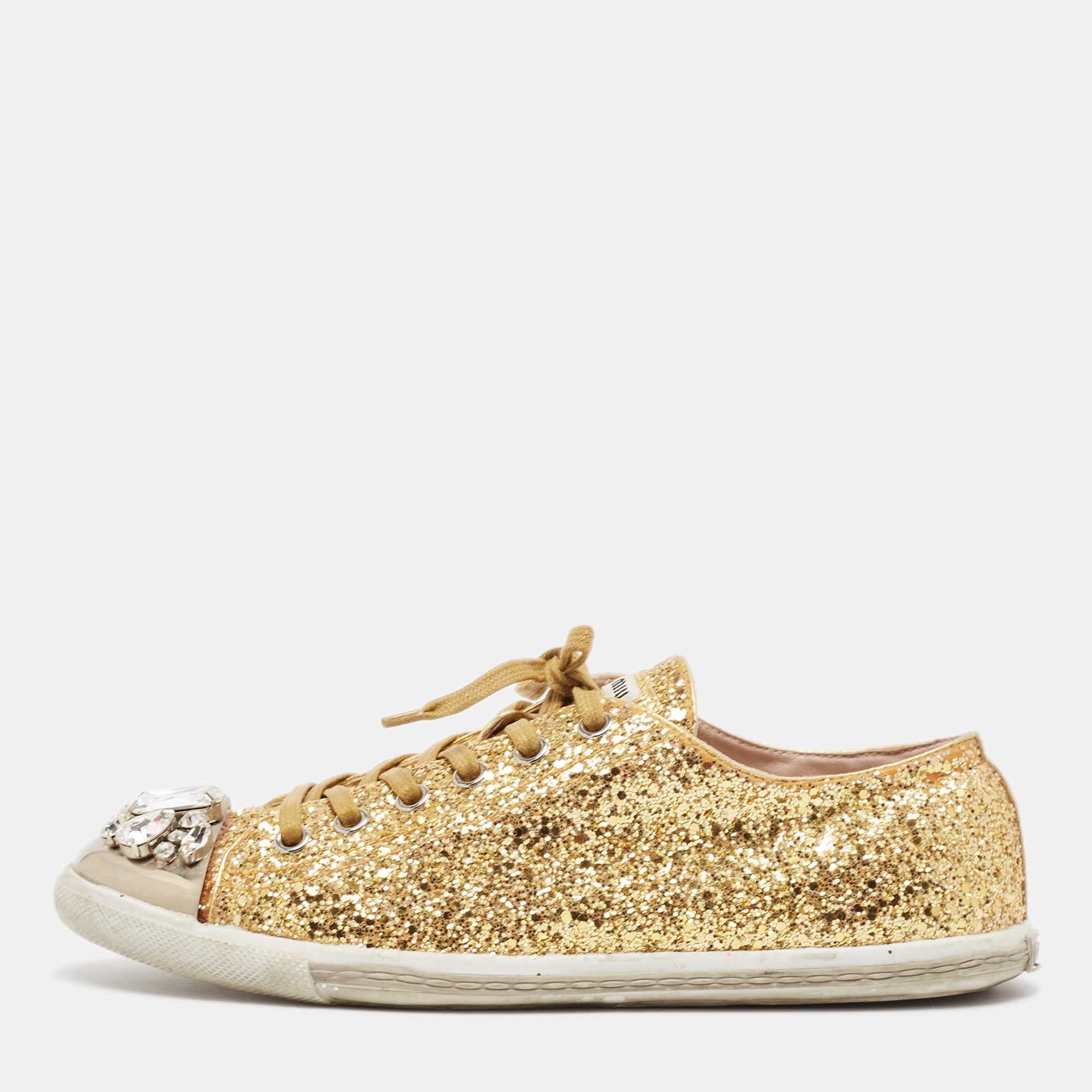 

Miu Miu Gold Glitter and Leather Low Top Sneakers Size