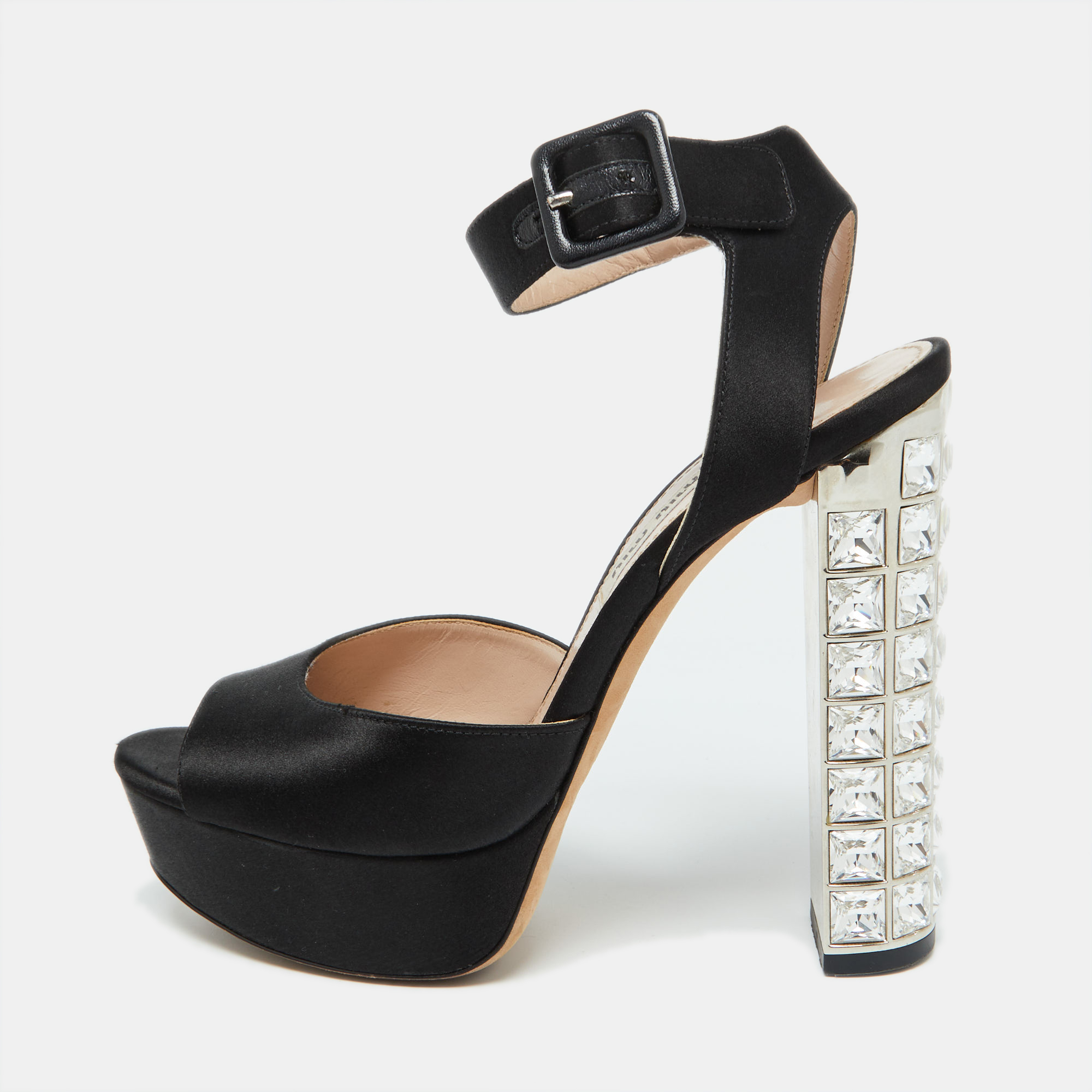 Pre-owned Miu Miu Black Satin Crystal Embellished Block Heel Platform Sandals Size 35.5