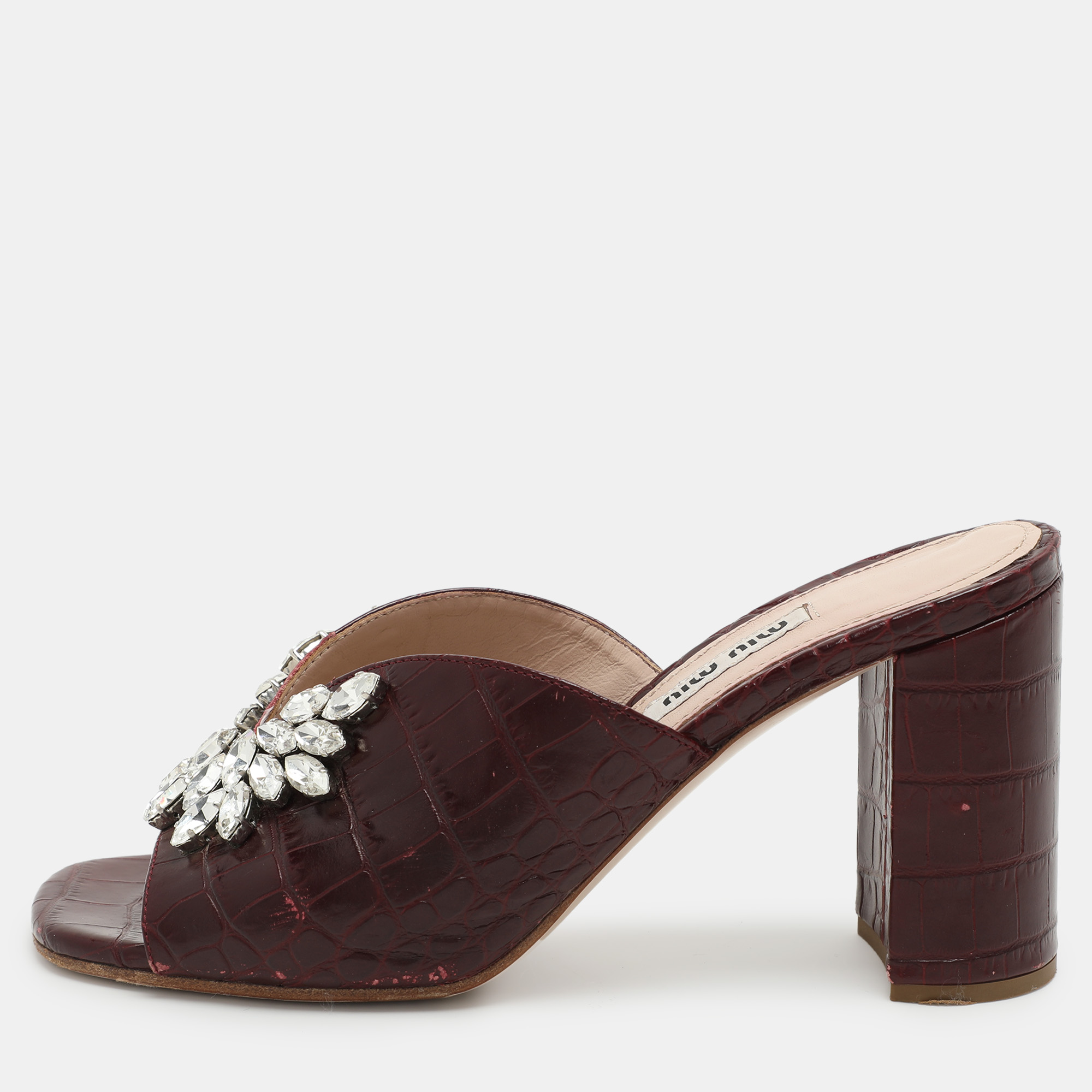 Pre-owned Miu Miu Burgundy Croc Embossed Leather Embellished Slide Sandals Size 36