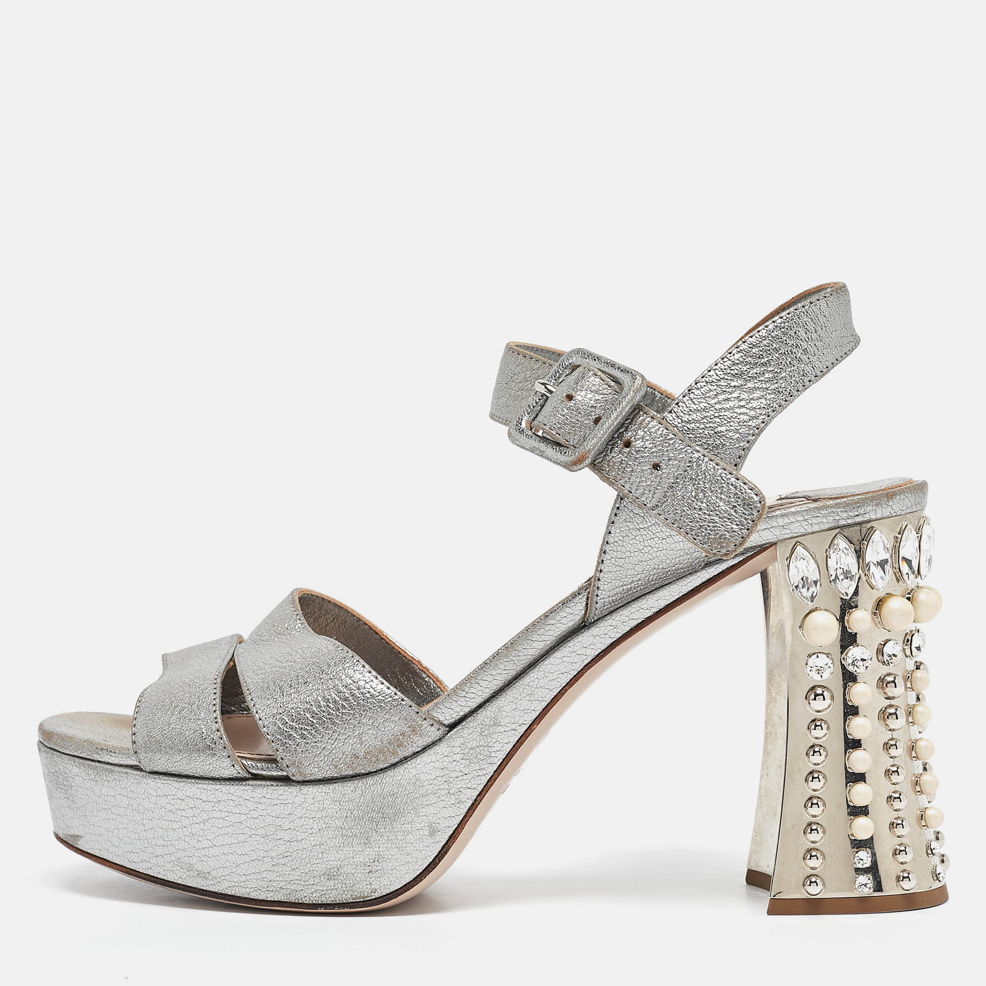 Pre-owned Miu Miu Silver Leather Crystal Embellished Block Heel Sandals Size 37.5