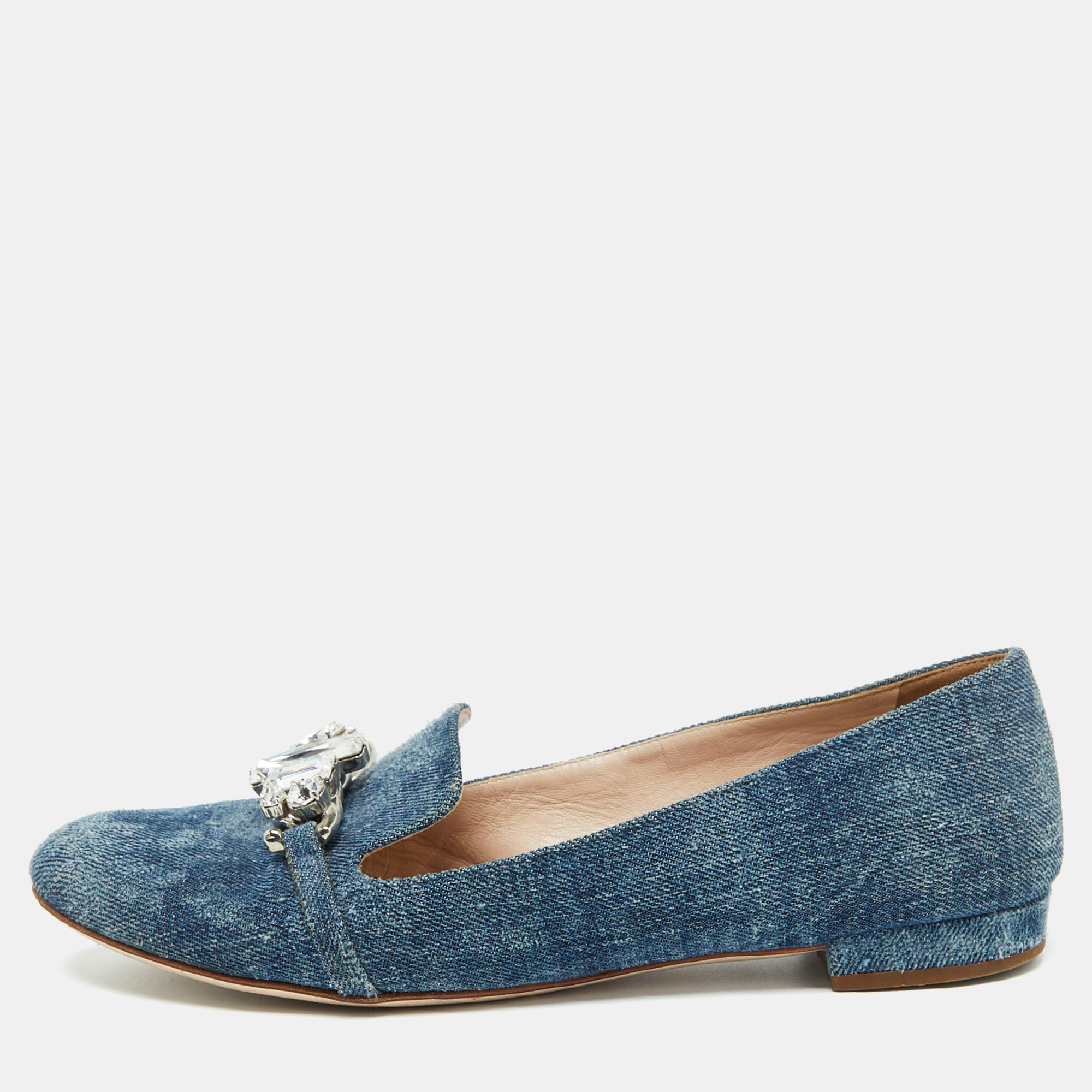 

Miu Miu Blue Denim Crystal Embellished Smoking Slippers Size