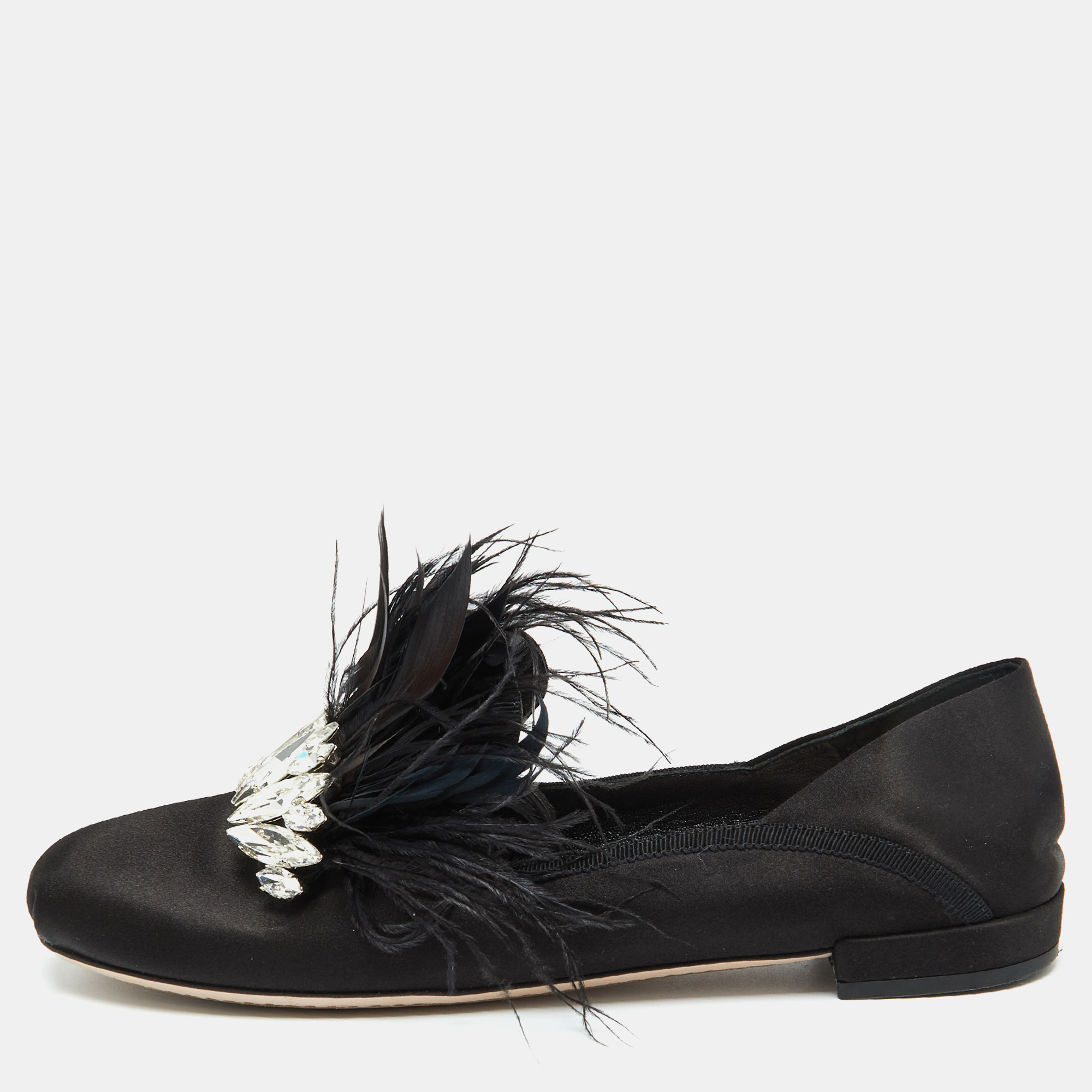 

Miu Miu Black Satin Feather Crystal Embellished Smoking Slippers Size