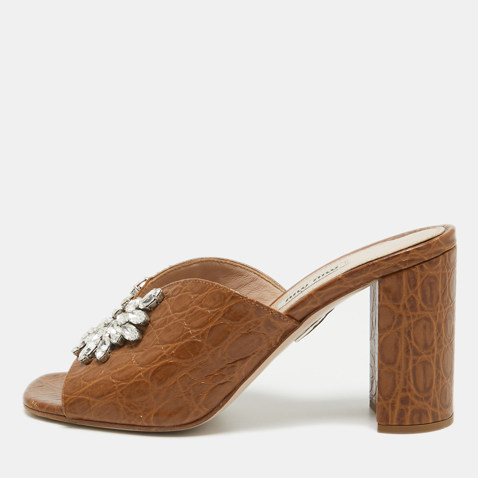 

Miu Miu Brown Embossed Croc Crystal Embellished Slide Sandals Size