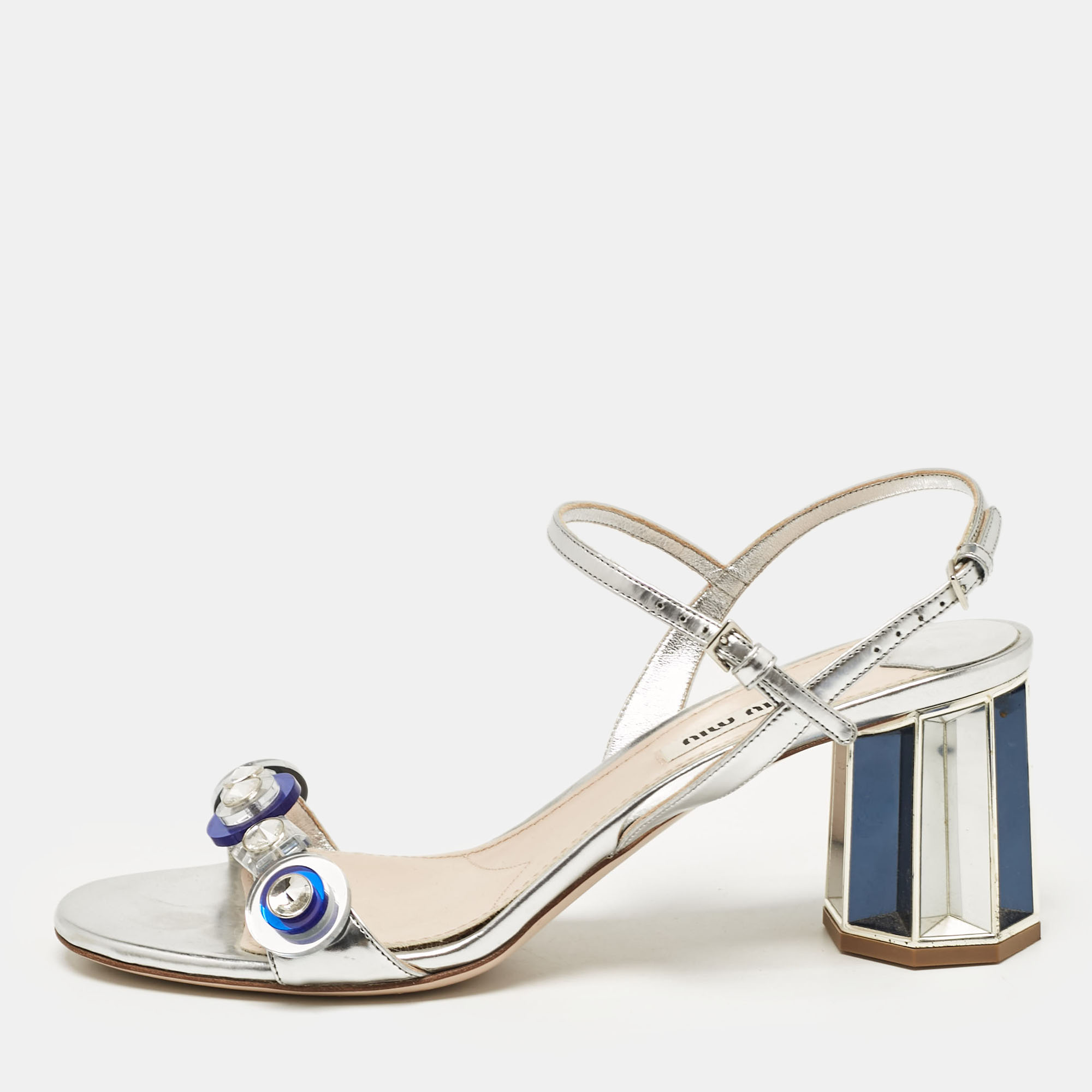 

Miu Miu Silver Leather Crystal Embellished Ankle Strap Sandals Size