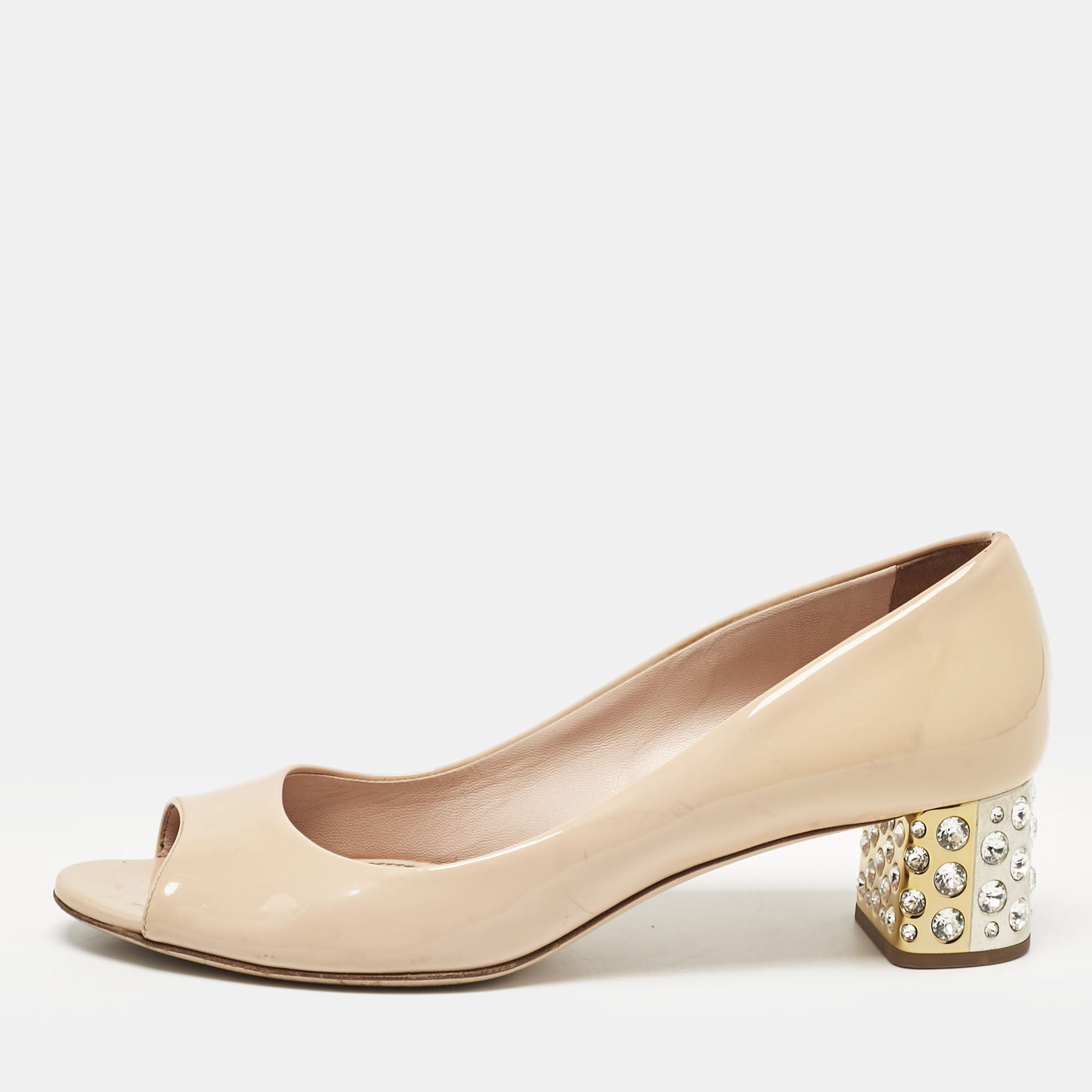 

Miu Miu Beige Patent Leather Peep Toe Pumps Size