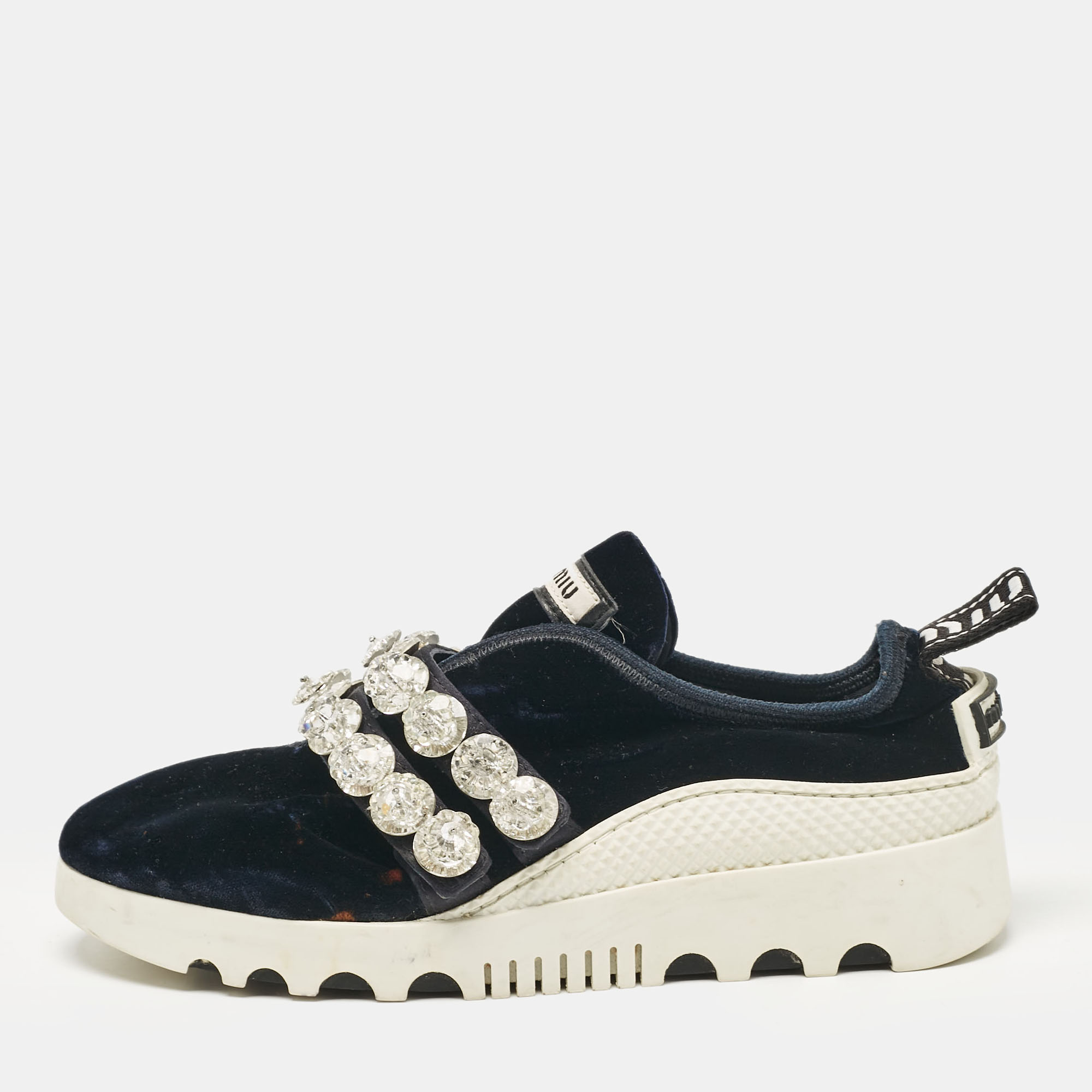 

Miu Miu Navy Blue Velvet Crystal Embellished Slip On Sneakers Size