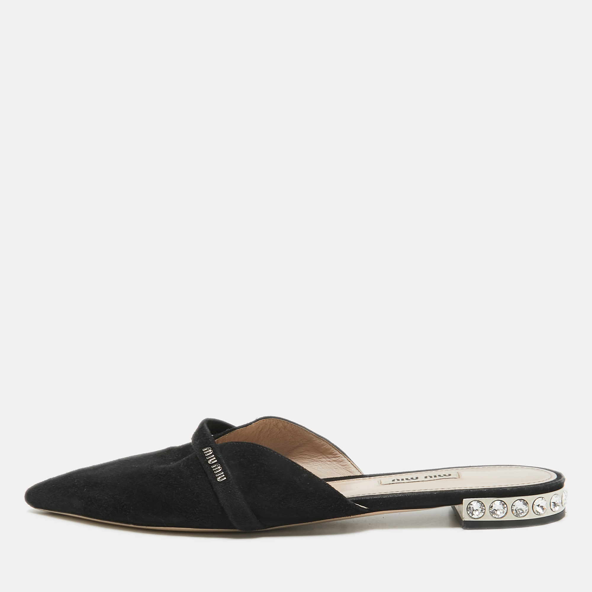 

Miu Miu Black Suede Crystal Embellished Flat Mules Size