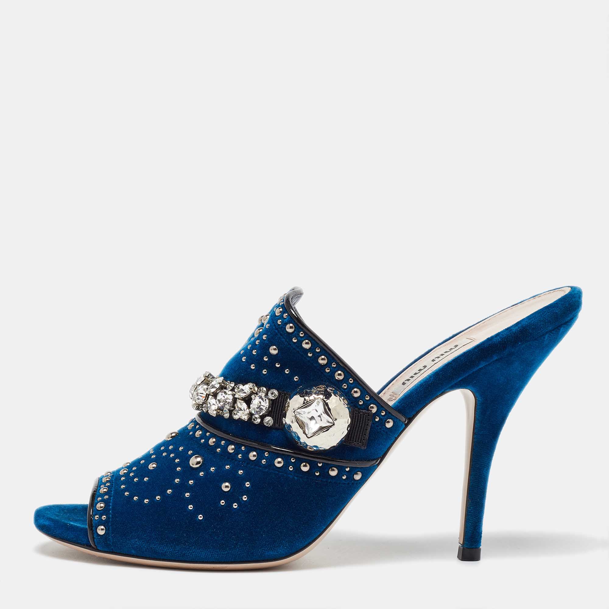 

Miu Miu Blue Velvet Studded and Crystal Embellished Mules Size