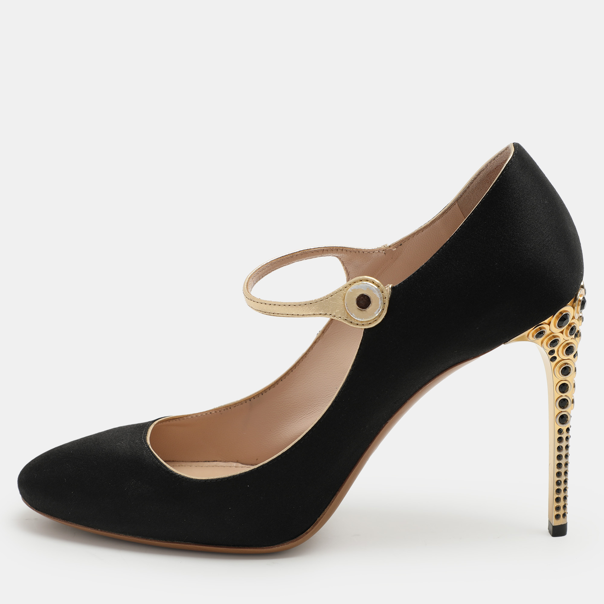 

Miu Miu Black/Gold Satin and Leather Mary Jane Pumps Size