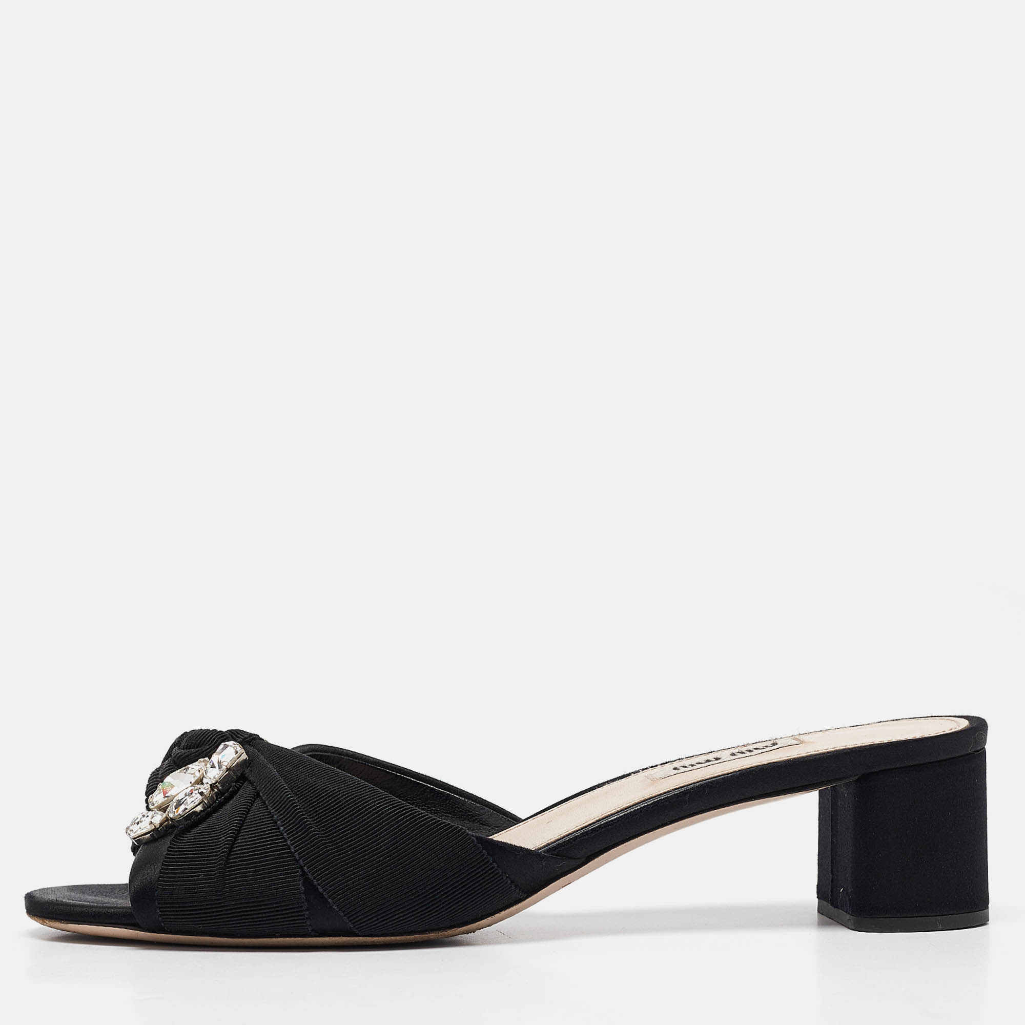 

Miu Miu Black Satin and Knotted Fabric Crystal Embellished Slide Sandals Size