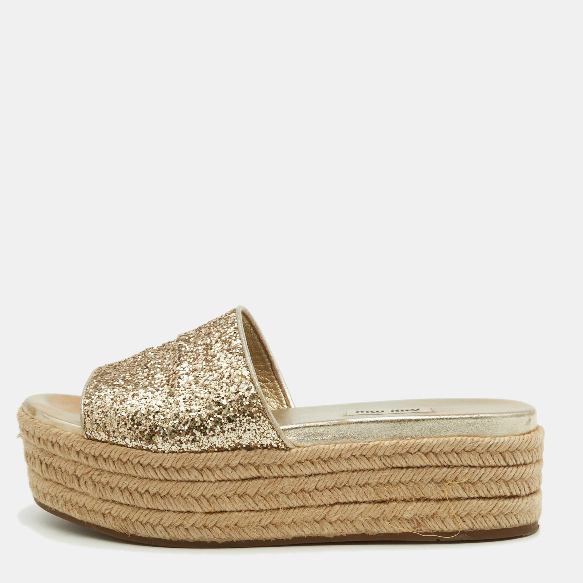 

Miu Miu Gold Glitter Espadrille Platform Slide Sandals Size