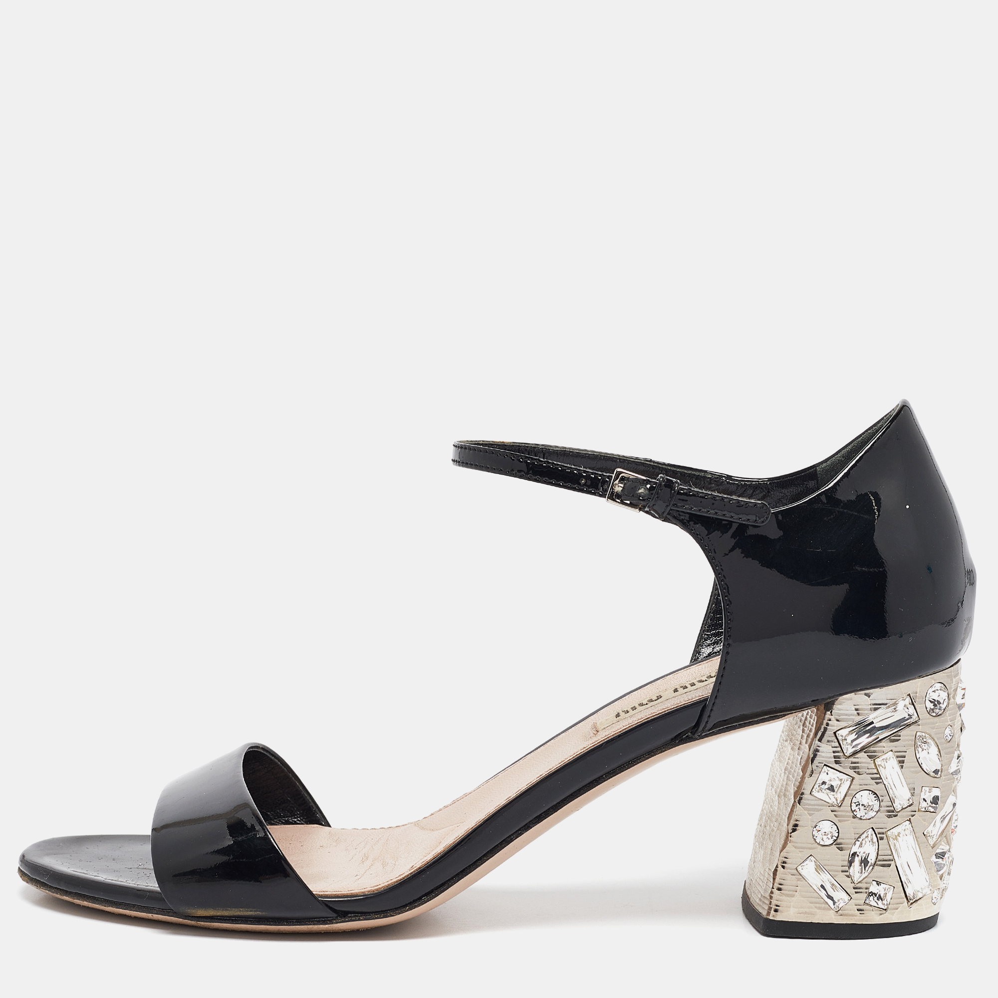 

Miu Miu Black Patent Leather Crystal Embellished Ankle Strap Sandals Size