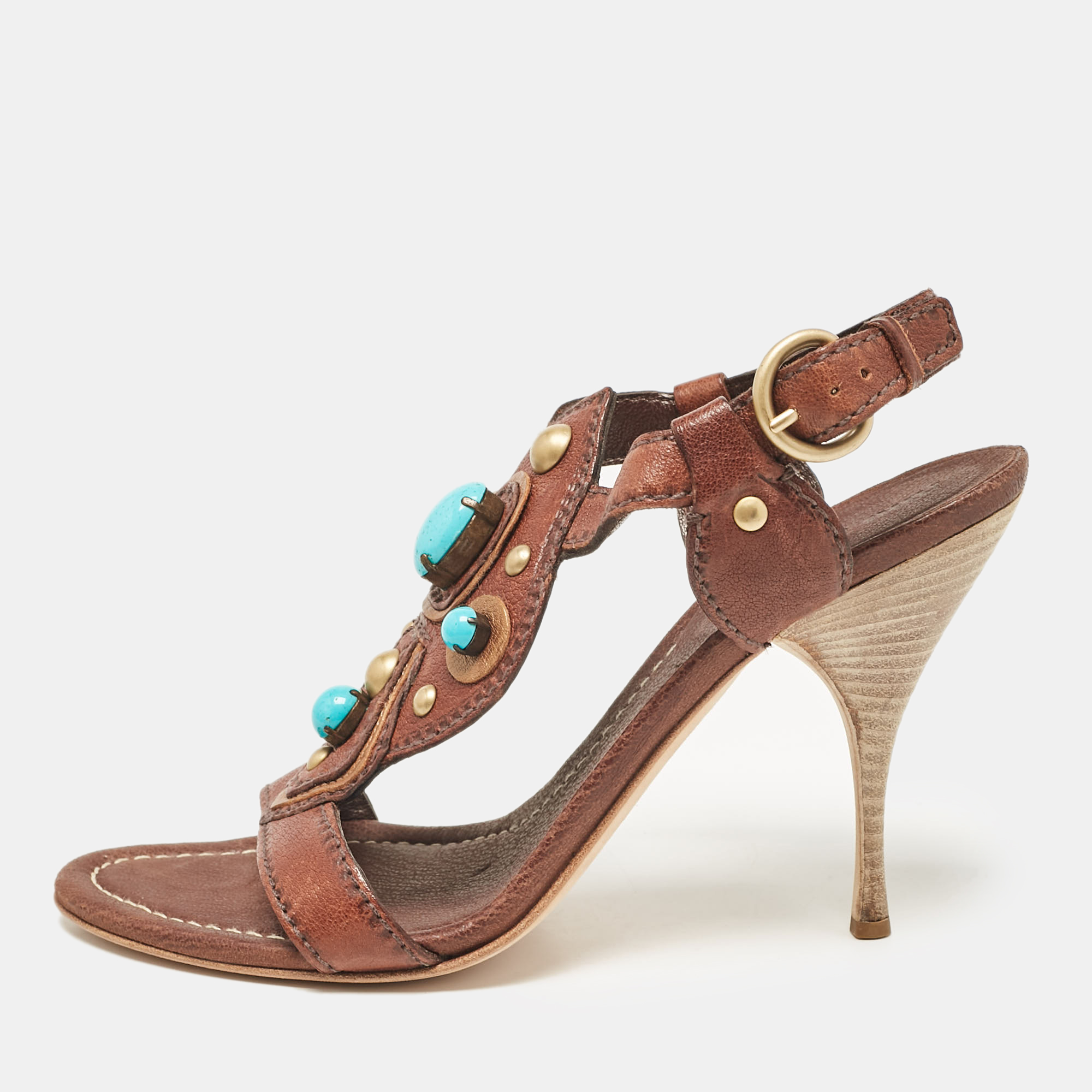 

Miu Miu Brown Leather Studded Ankle Strap Sandals Size