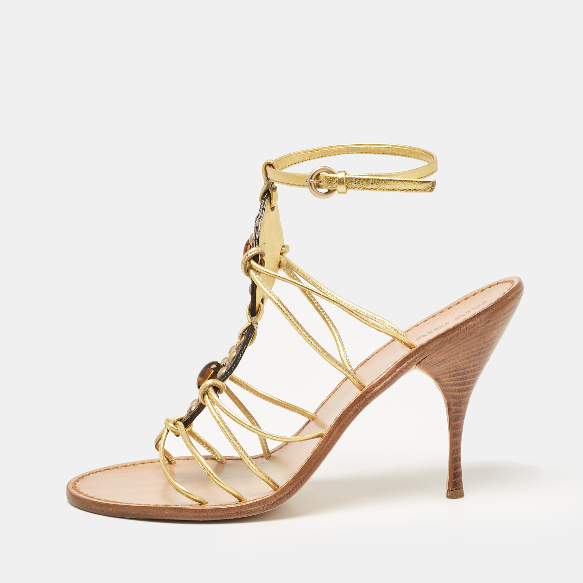 

Miu Miu Gold Leather Crystal Embellished Ankle Strap Sandals Size