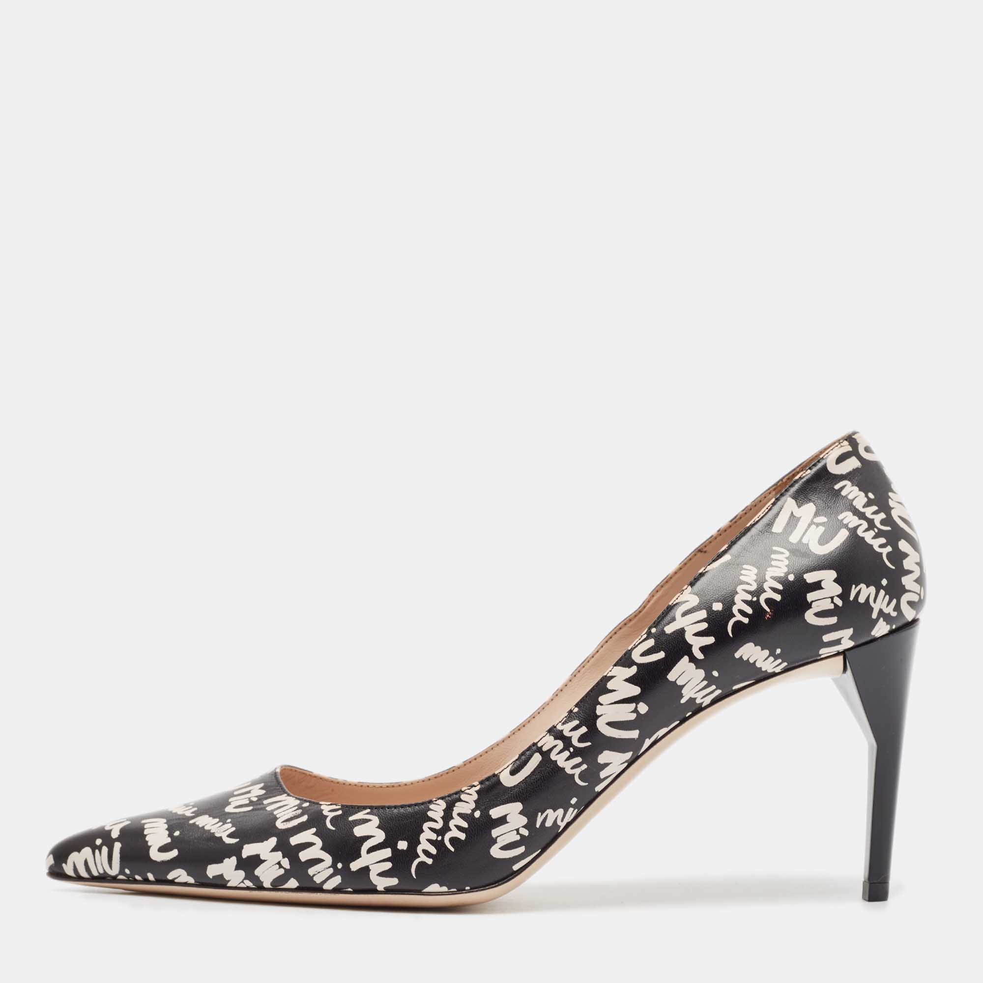 

Miu Miu Black/White Leather Logo Print Pumps Size