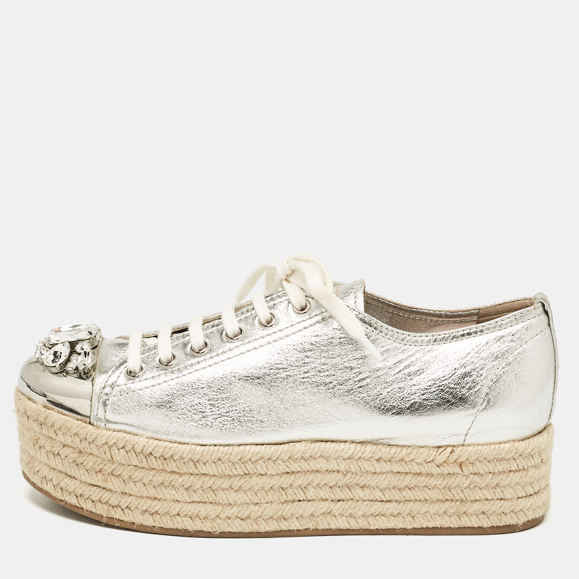 

Miu Miu Silver Leather Crystal Embellished Platform Espadrille Flats Size