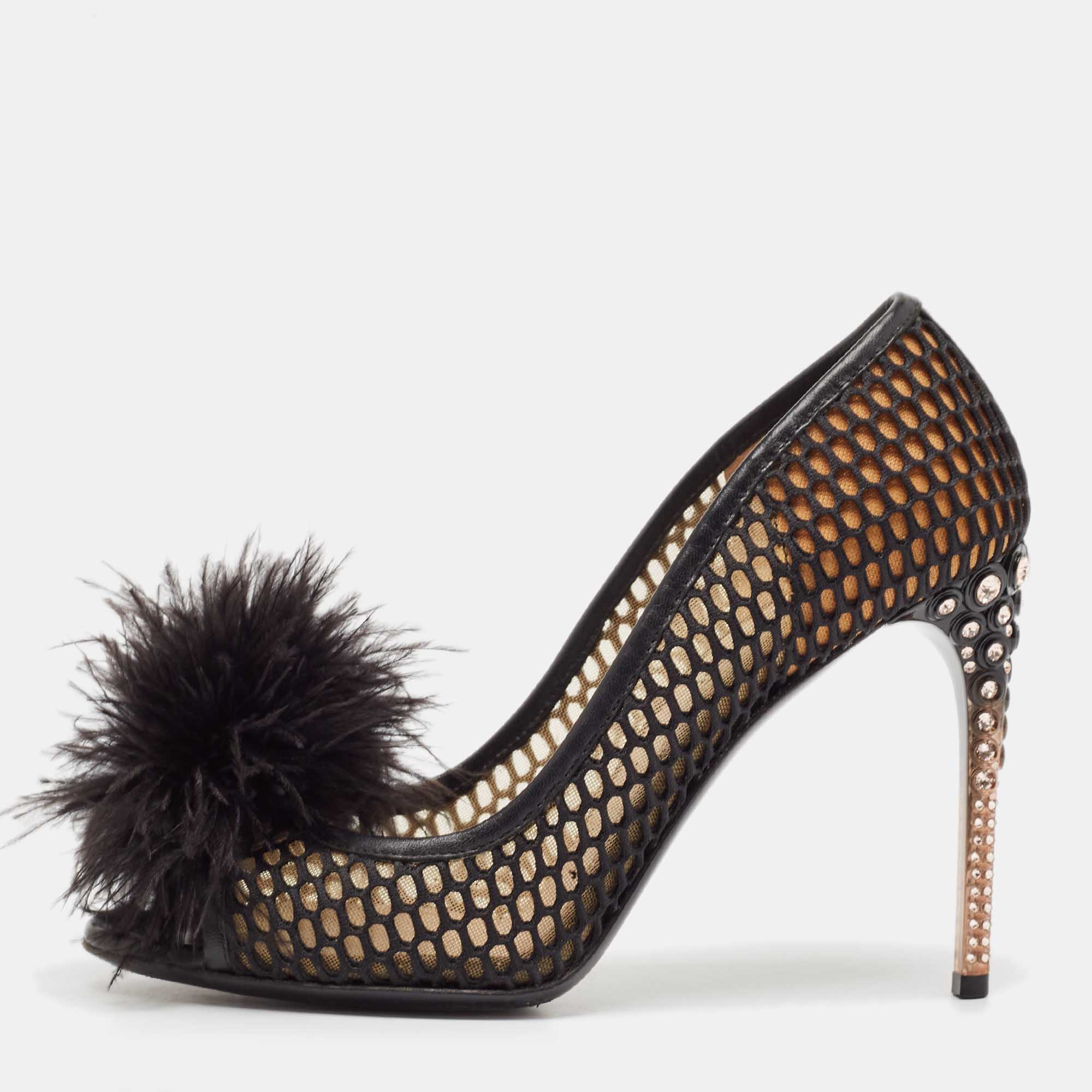 

Miu Miu Black Feather and Leather Peep Toe Pumps Size