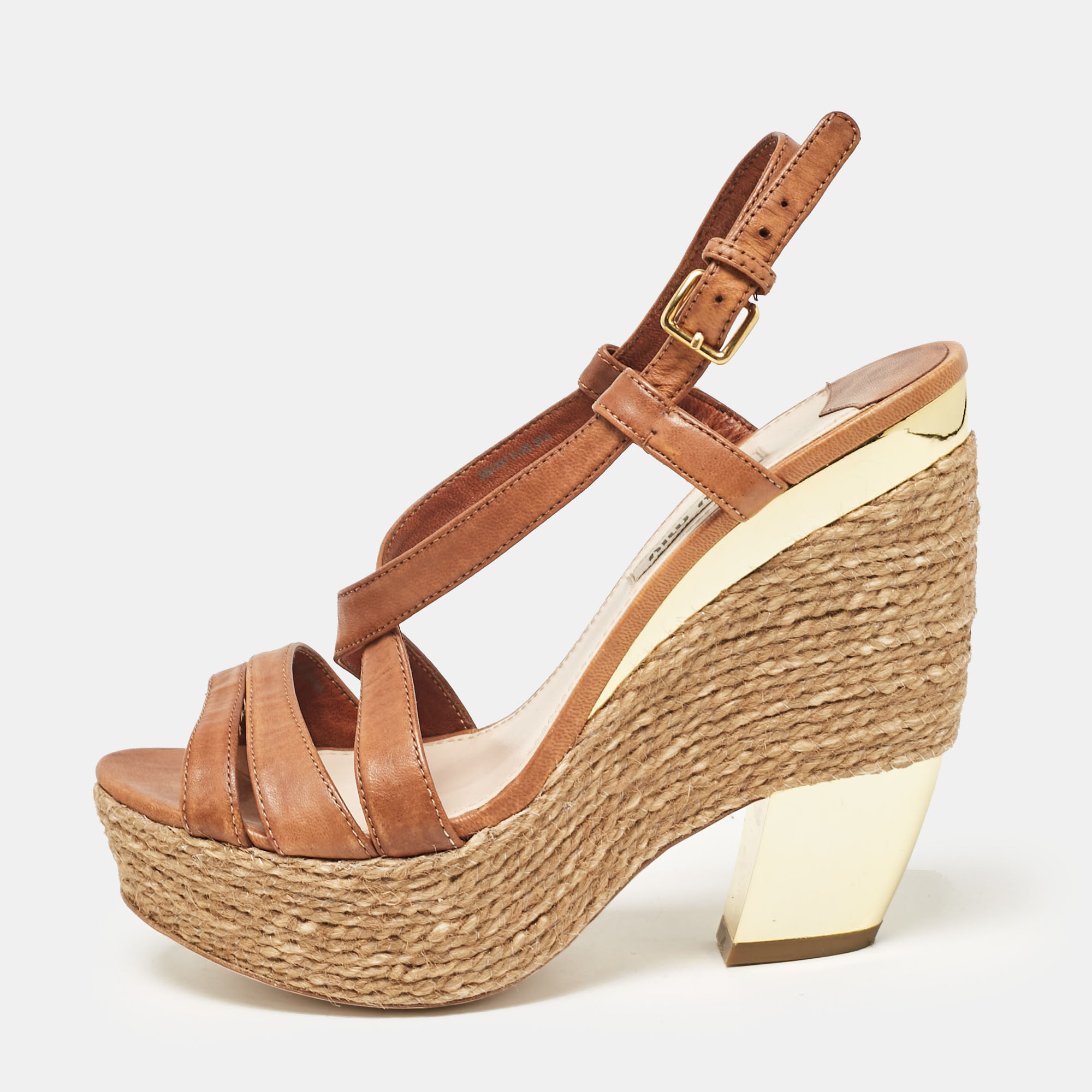 

Miu Miu Brown Leather Wedge Sandals Size