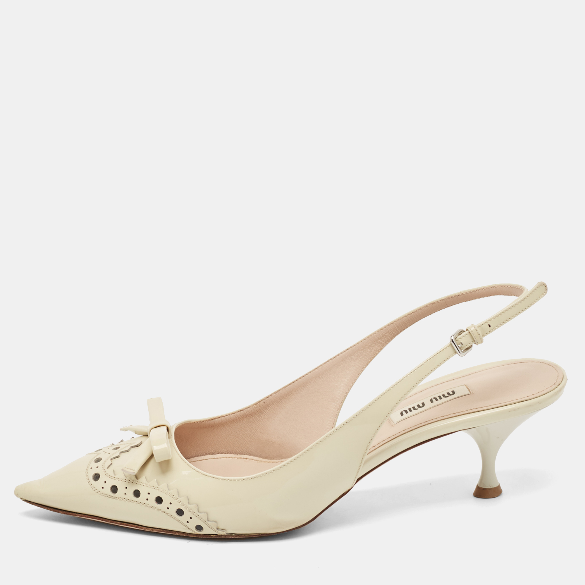 

Miu Miu Beige Brogue Patent Leather Bow Slingback Pumps Size