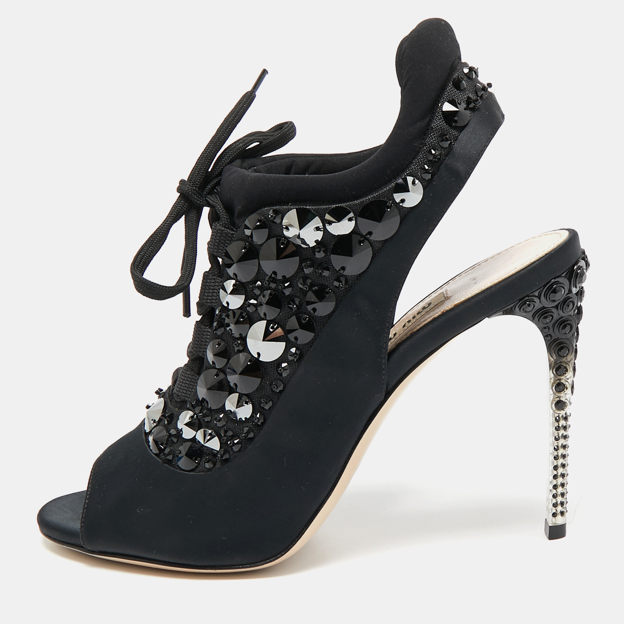 

Miu Miu Black Satin And Fabric Crystal Embellished Slingback Sandals Size