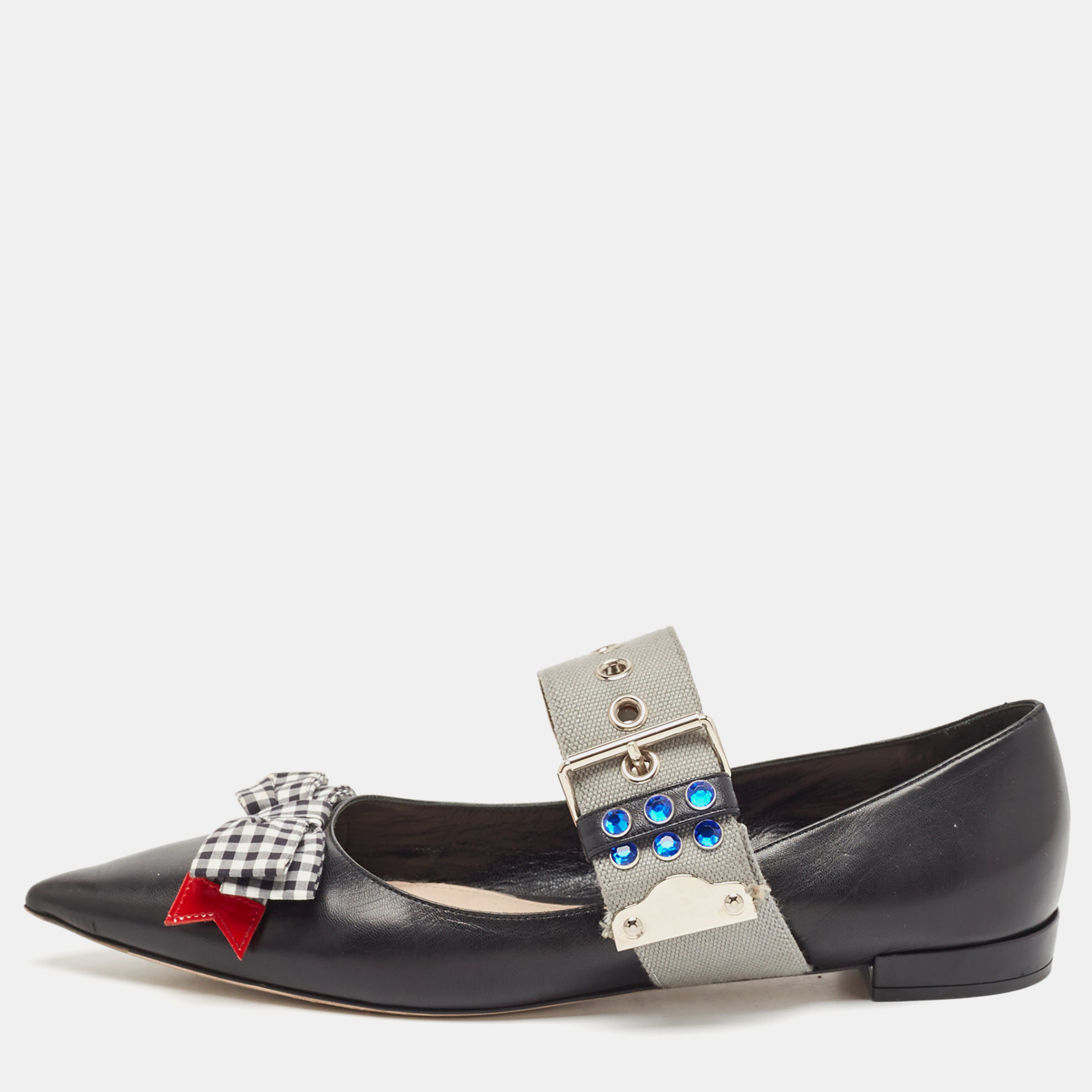 

Miu Miu Black Leather Bow Buckle Ballet Flats Size