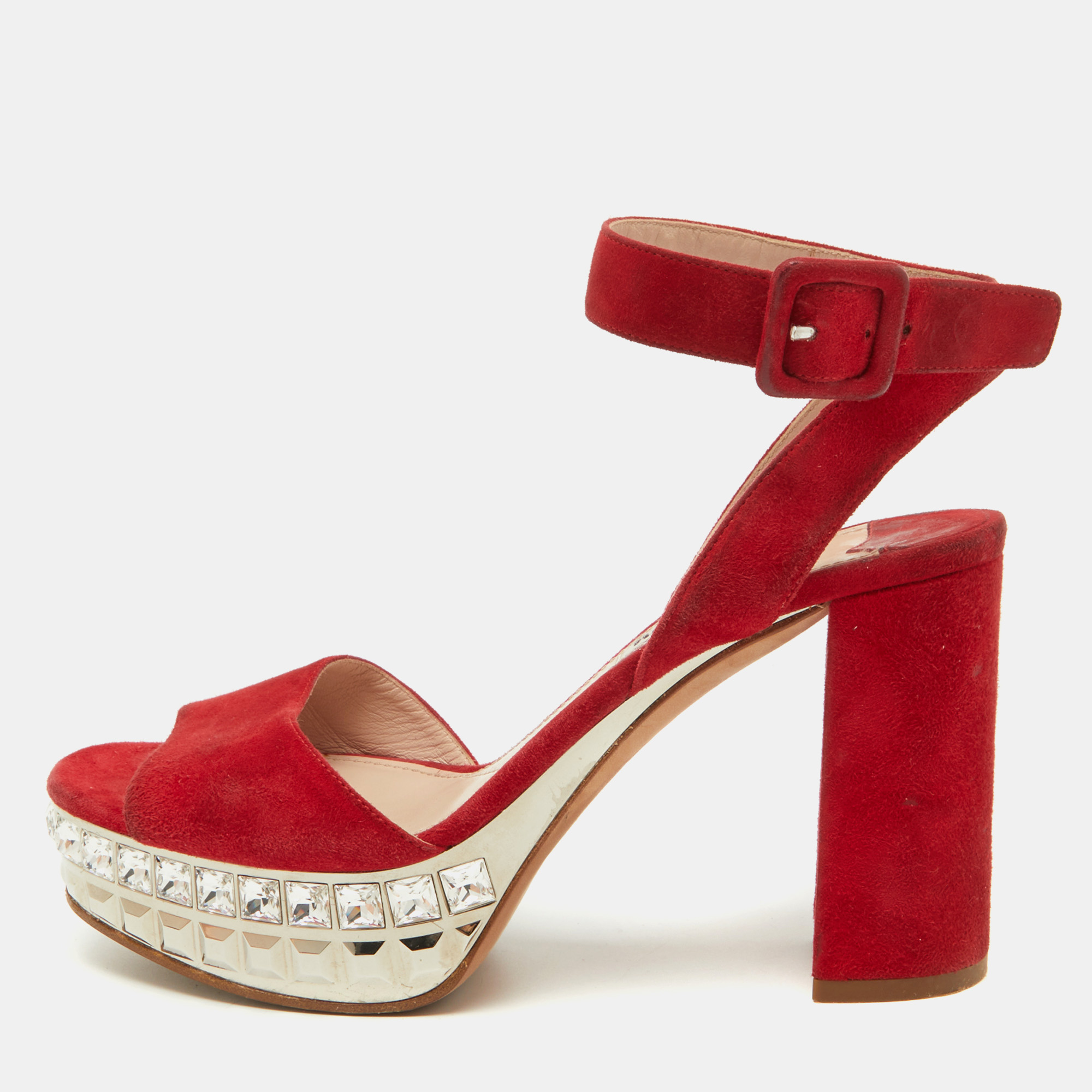 

Miu Miu Red Suede Crystal Embellished Platform Ankle Strap Sandals Size