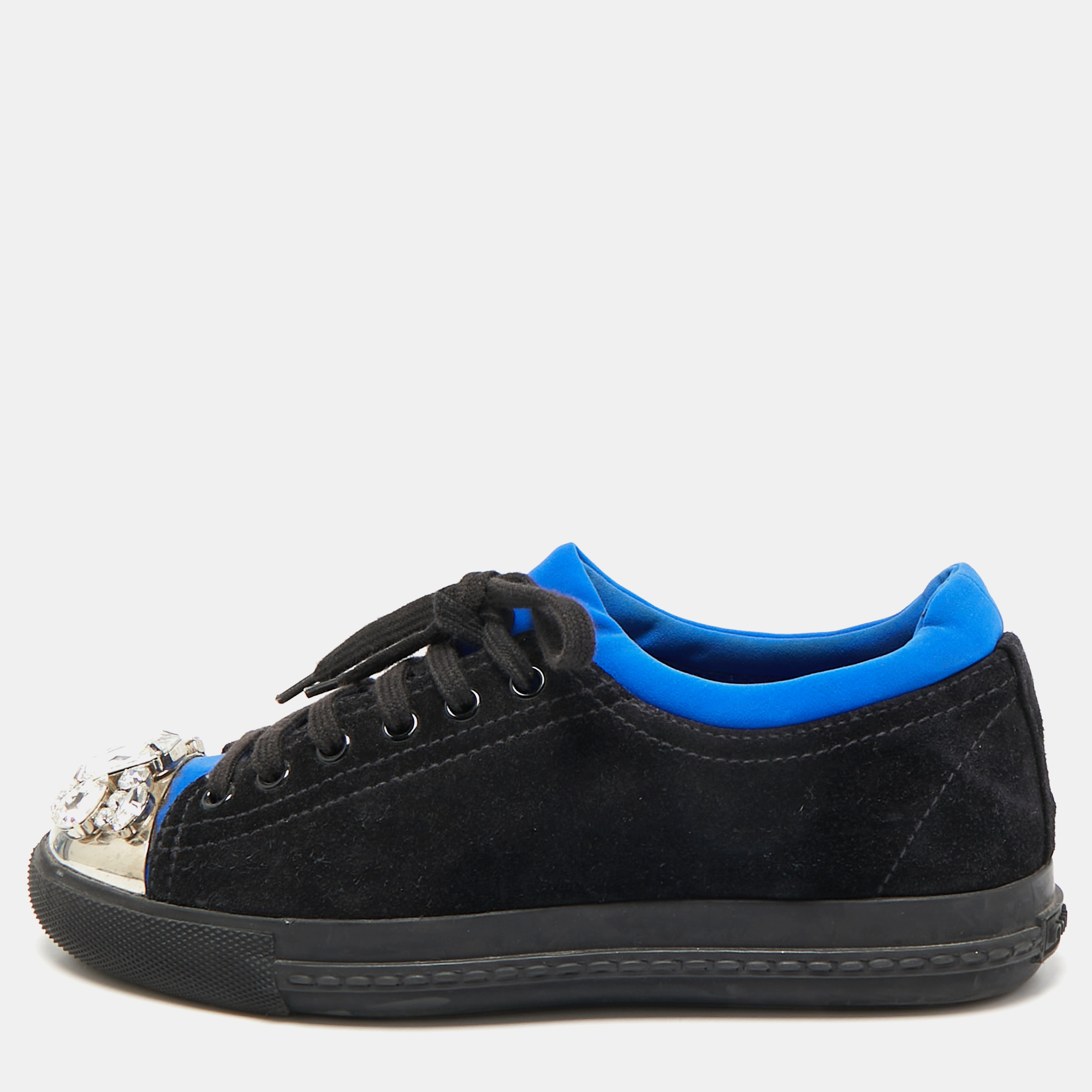 

Miu Miu Black/Blue Suede and Fabric Crystal Cap Toe Low Top Sneakers Size