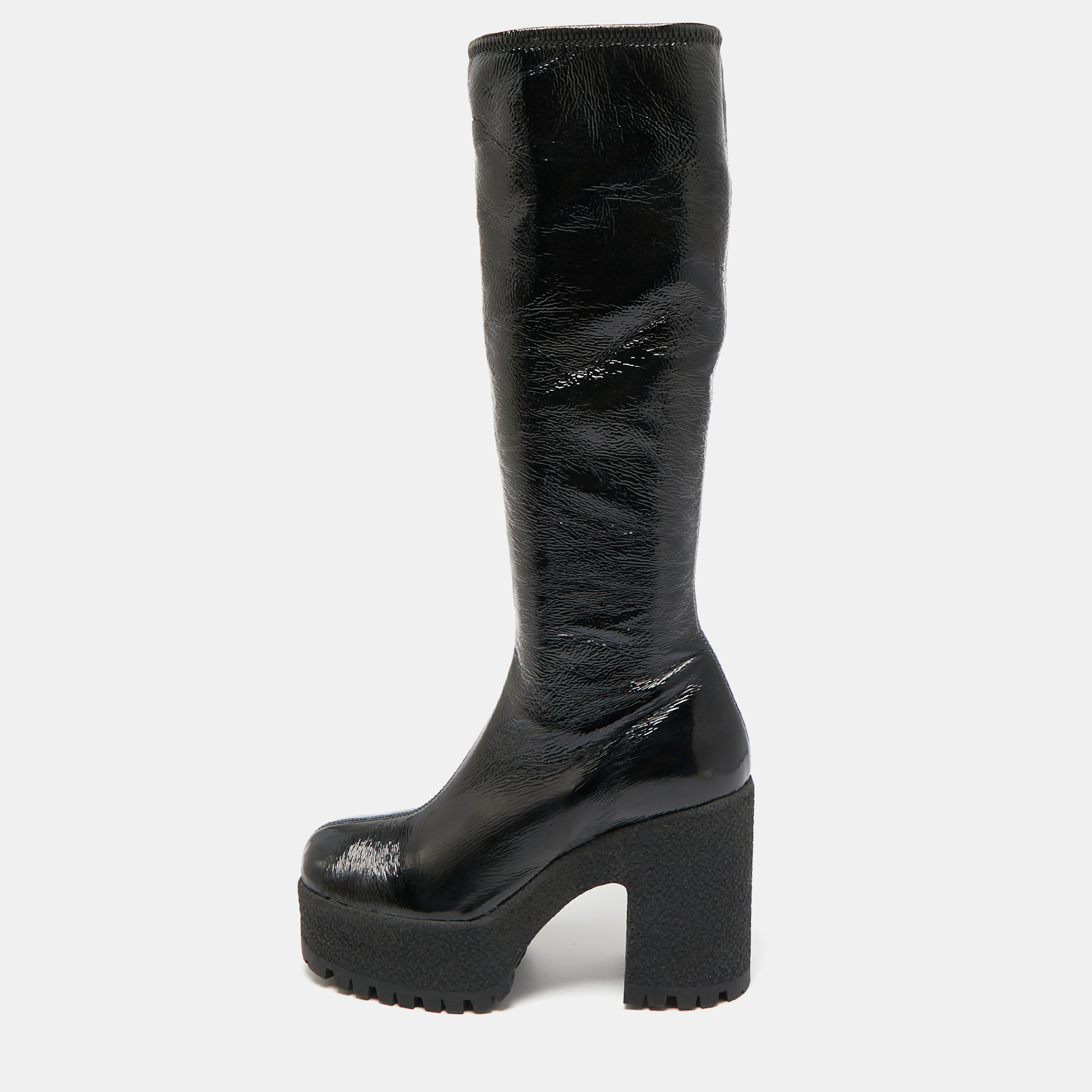 

Miu Miu Black Patent Leather Block Heel Platform Knee Length Boots Size