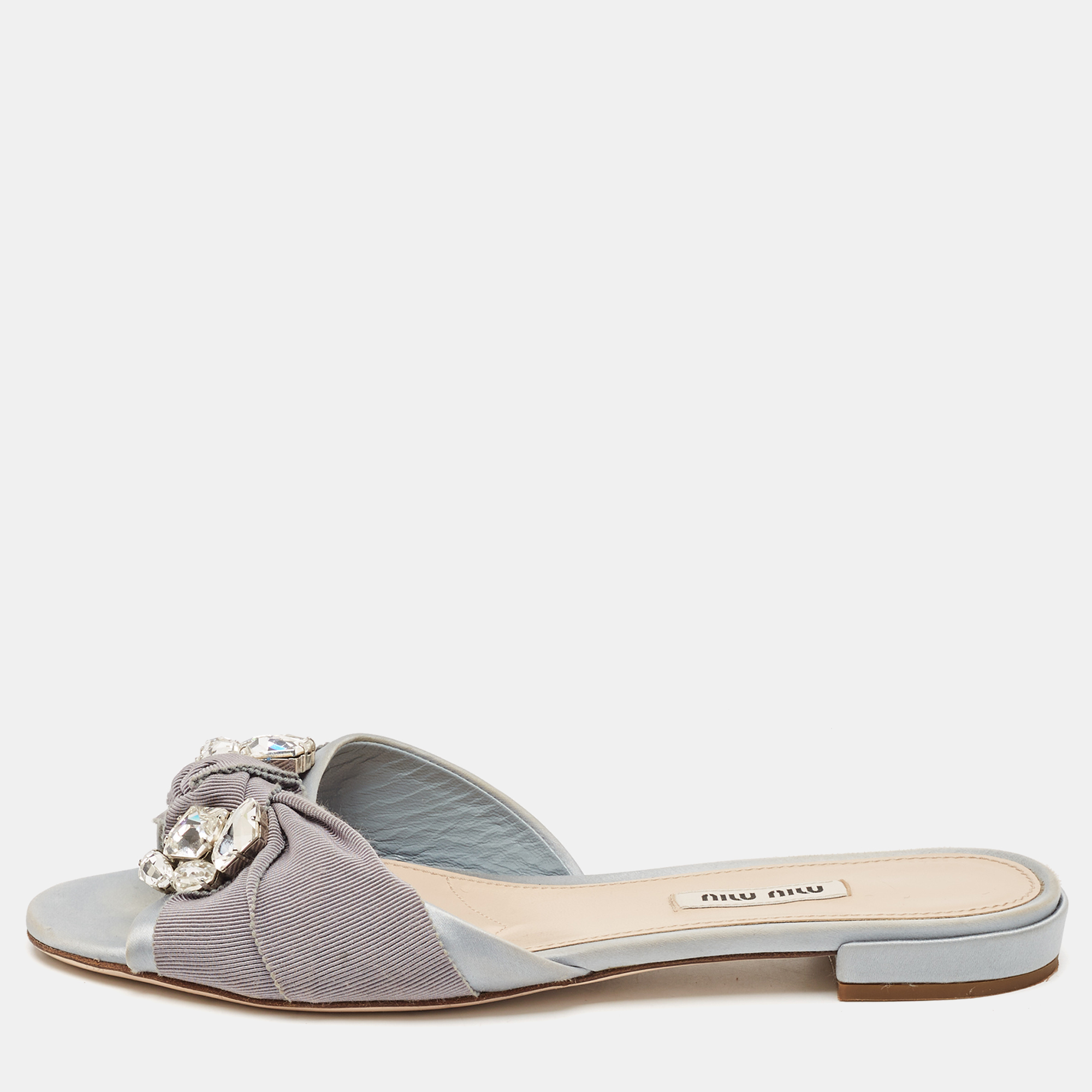 

Miu Miu Light Blue Satin And Canvas Knot Crystal Embellished Slide Sandals Size