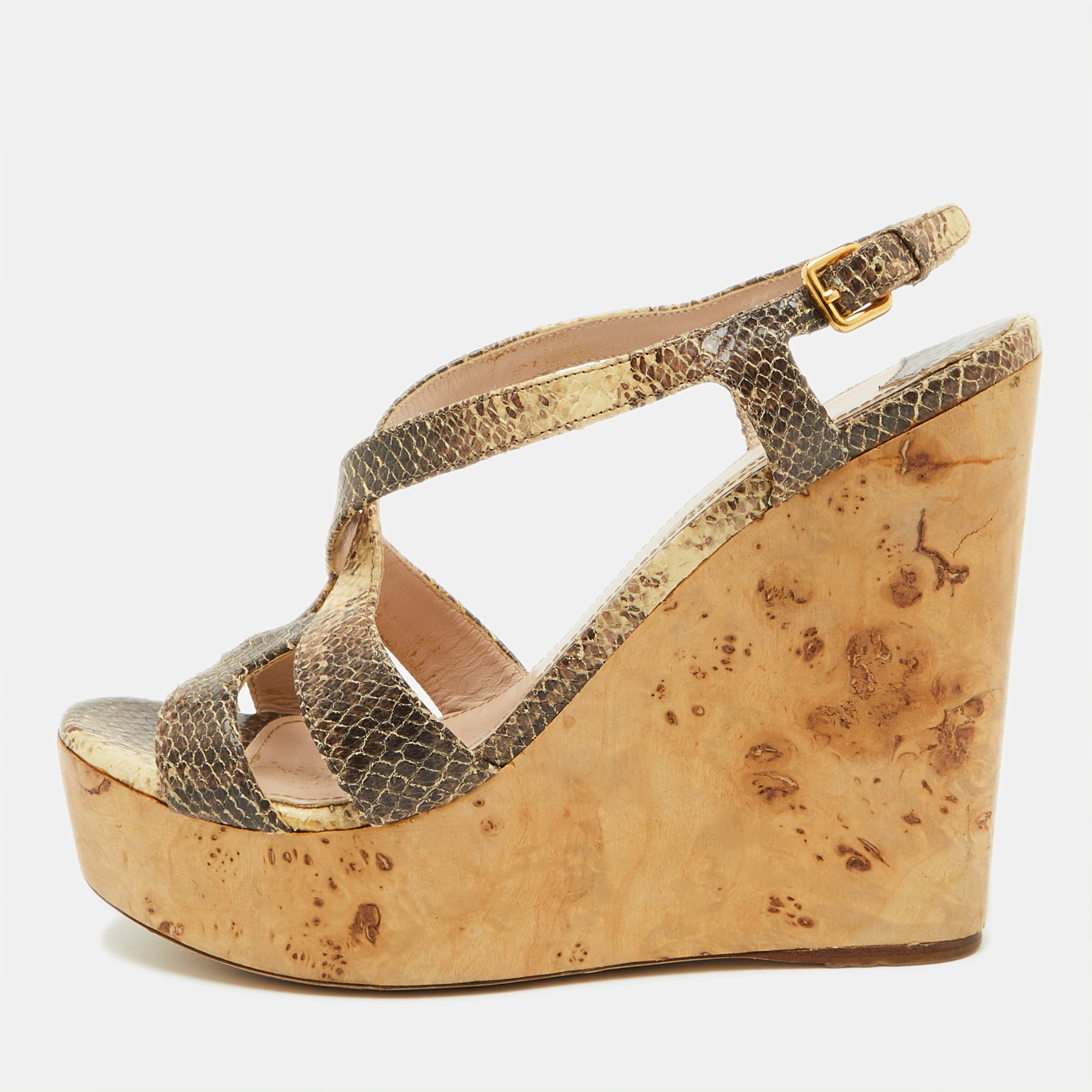 

Miu Miu Brown/Cream Python Embossed Leather Platform Wedge Sandals Size