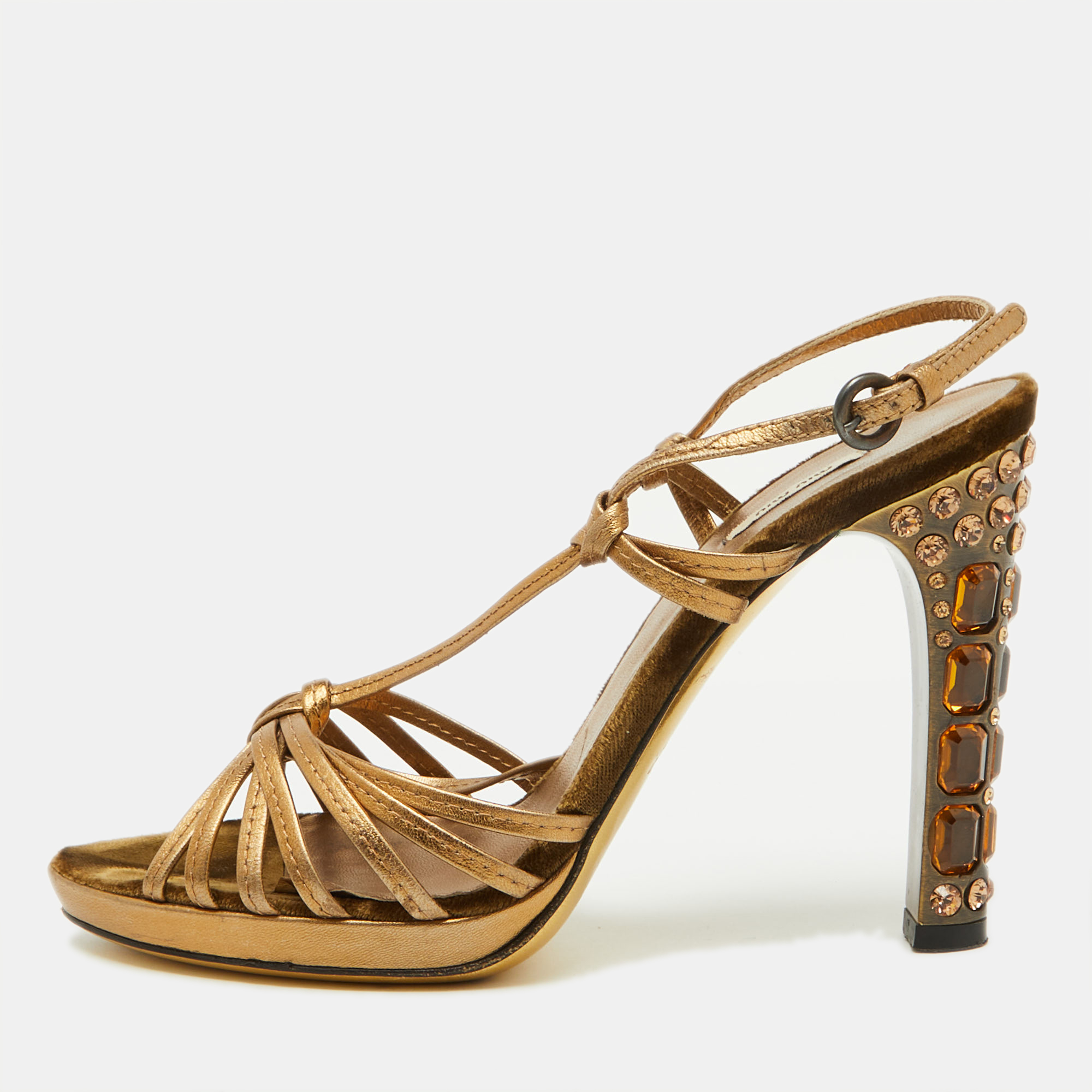 

Miu Miu Gold Leather Crystal Embellished Heel Strappy Sandals Size