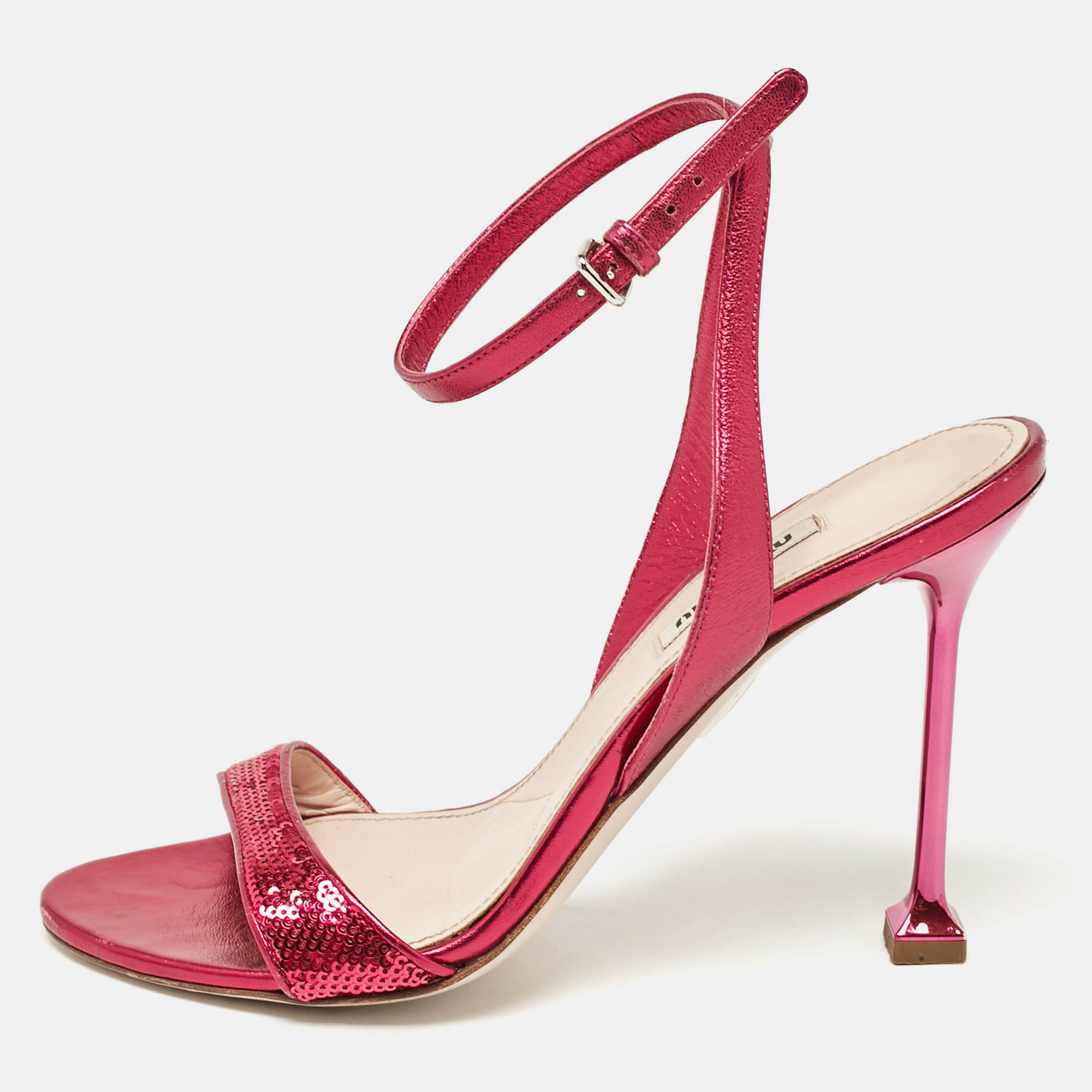 

Miu Miu Metallic Rose Leather Ankle Strap Sandals Size