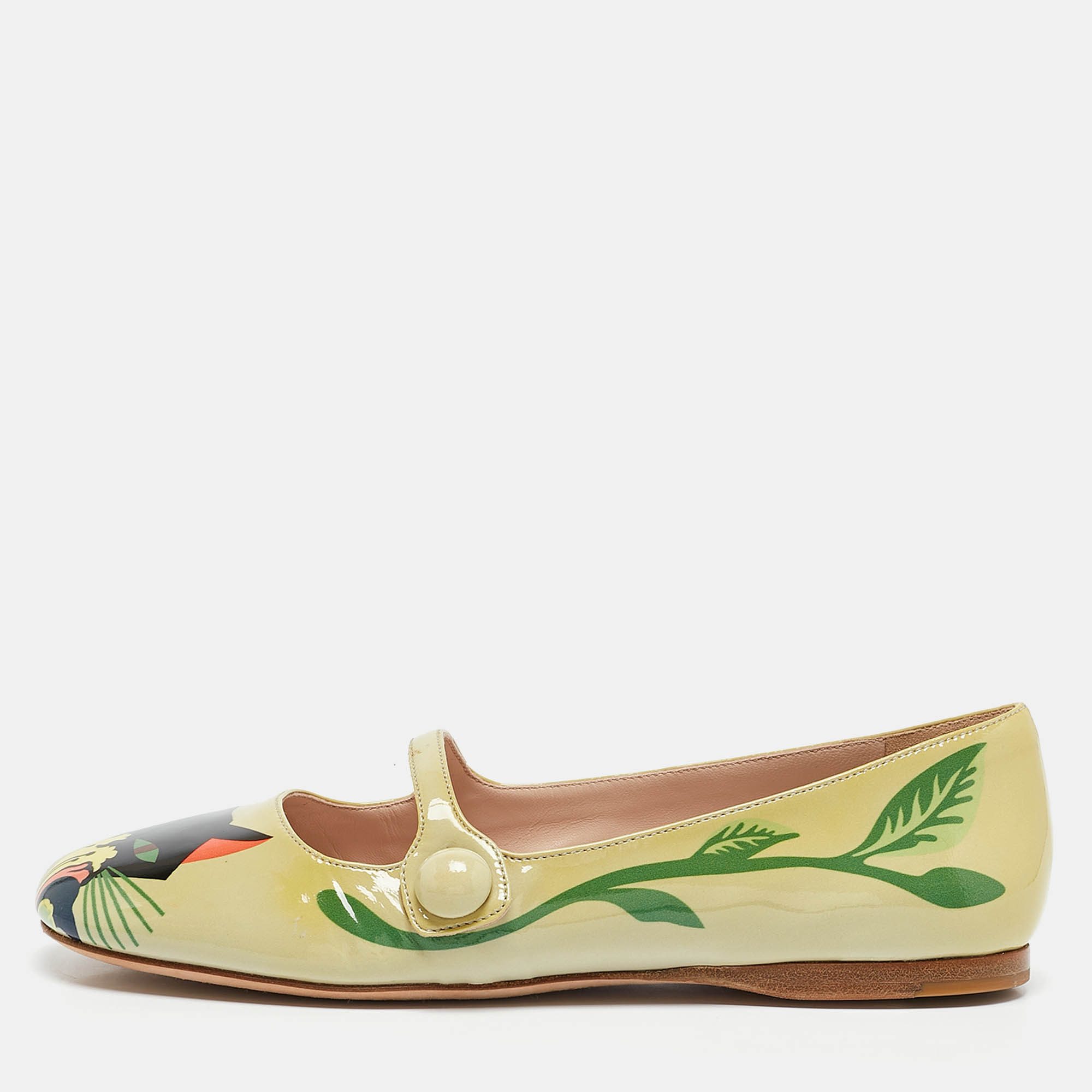 

Miu Miu Green Cat Print Patent Leather Ballet Flats Size