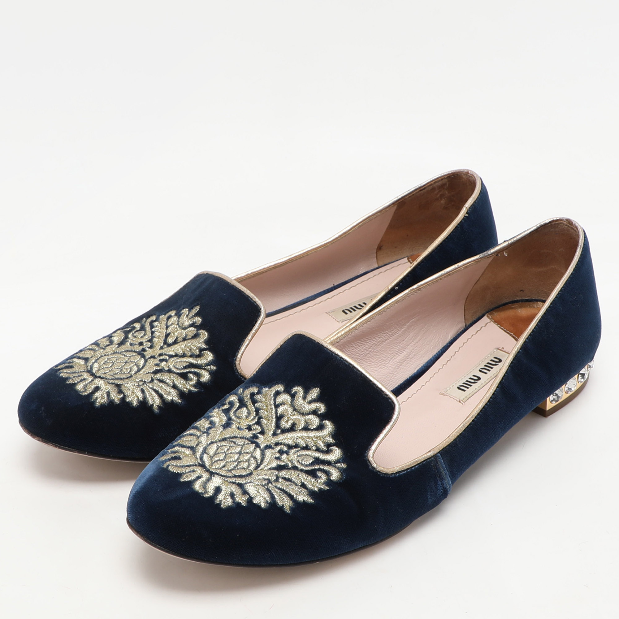 Miu Miu Blue Embroidered Velvet Crystal Embellished Smoking Slippers Size 37 