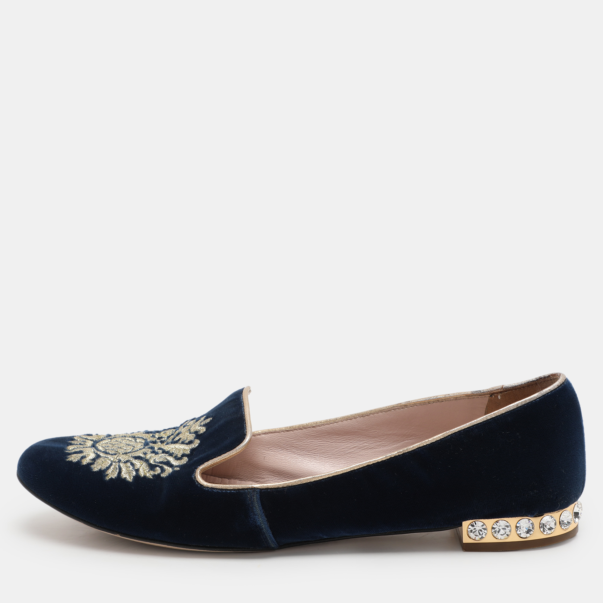 

Miu Miu Blue Embroidered Velvet Crystal Embellished Smoking Slippers Size