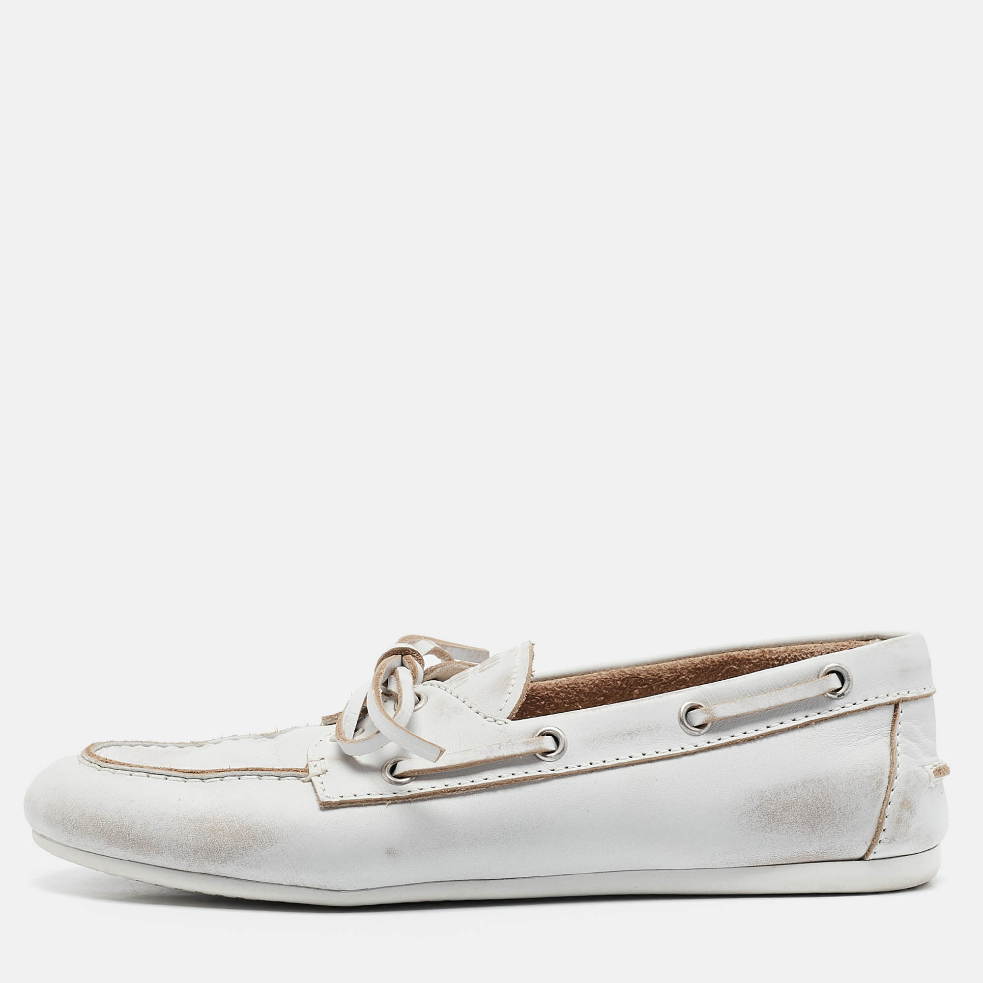 

Miu Miu White Distressed Leather Bow Slip On Boat Shoes Size