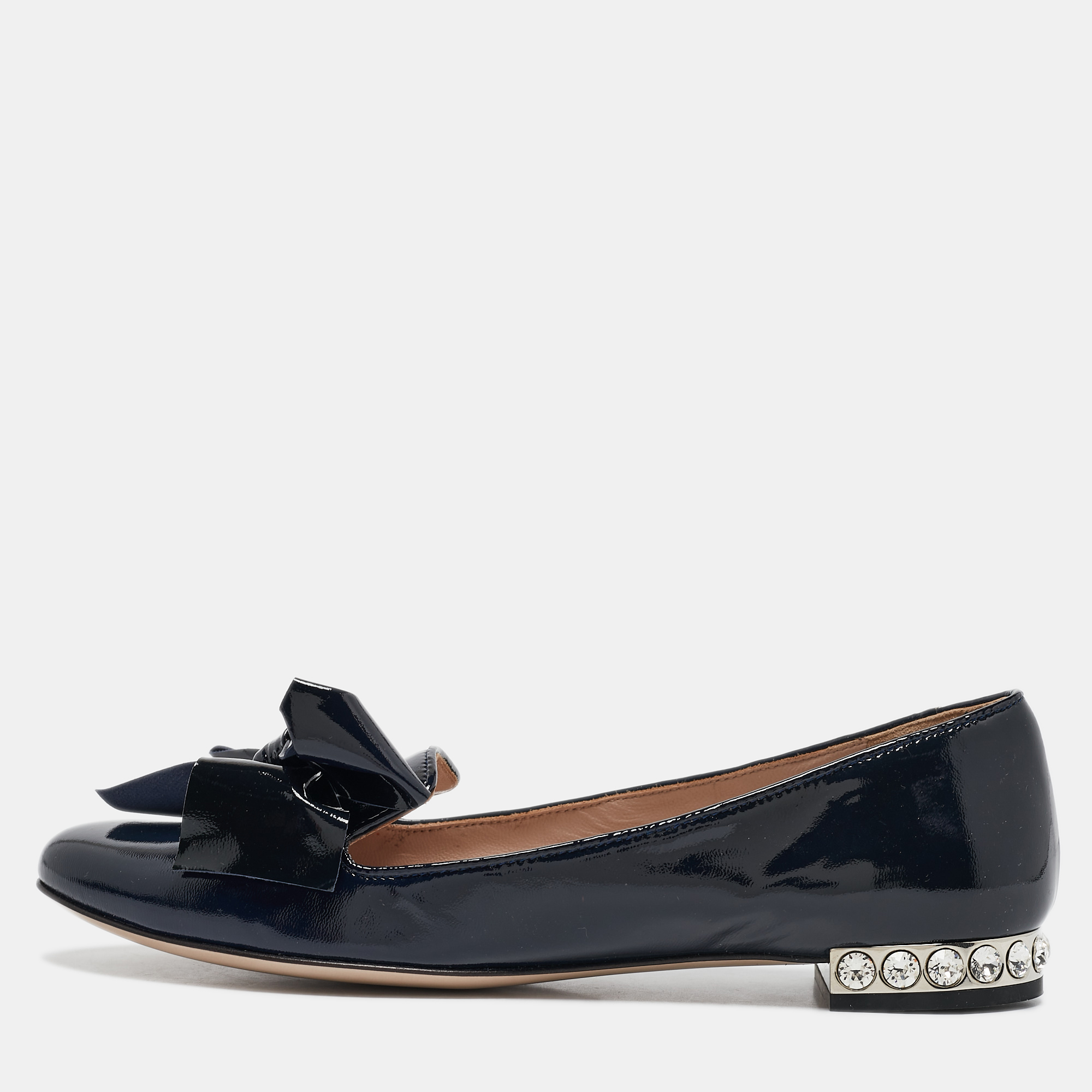 

Miu Miu Navy Blue Patent Leather Bow Crystals Embellished Smoking Slippers Size