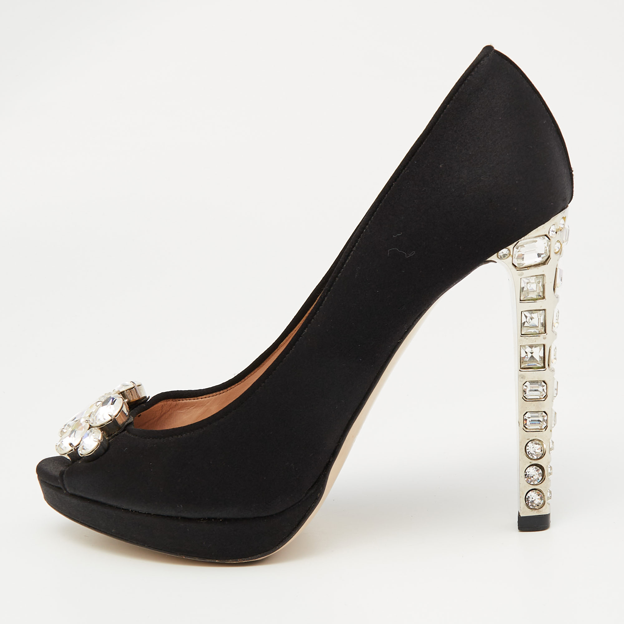 

Miu Miu Black Satin Crystal Embellished Peep Toe Platform Pumps Size