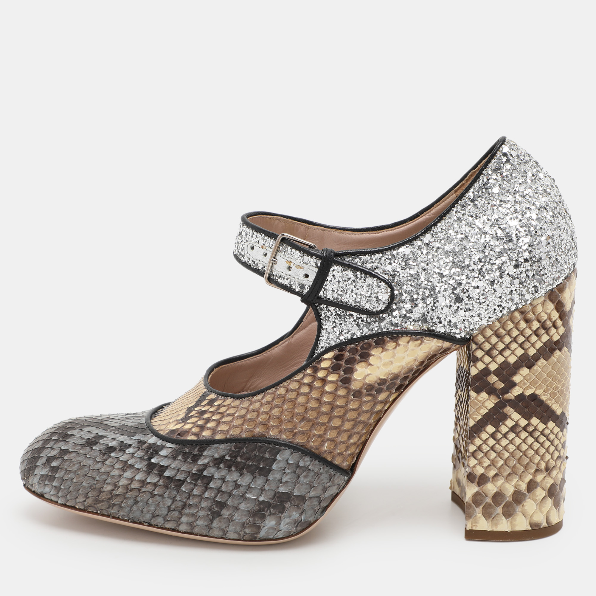 

Miu Miu Multicolor Glitter and Python Leather Block Heel Pumps Size 40