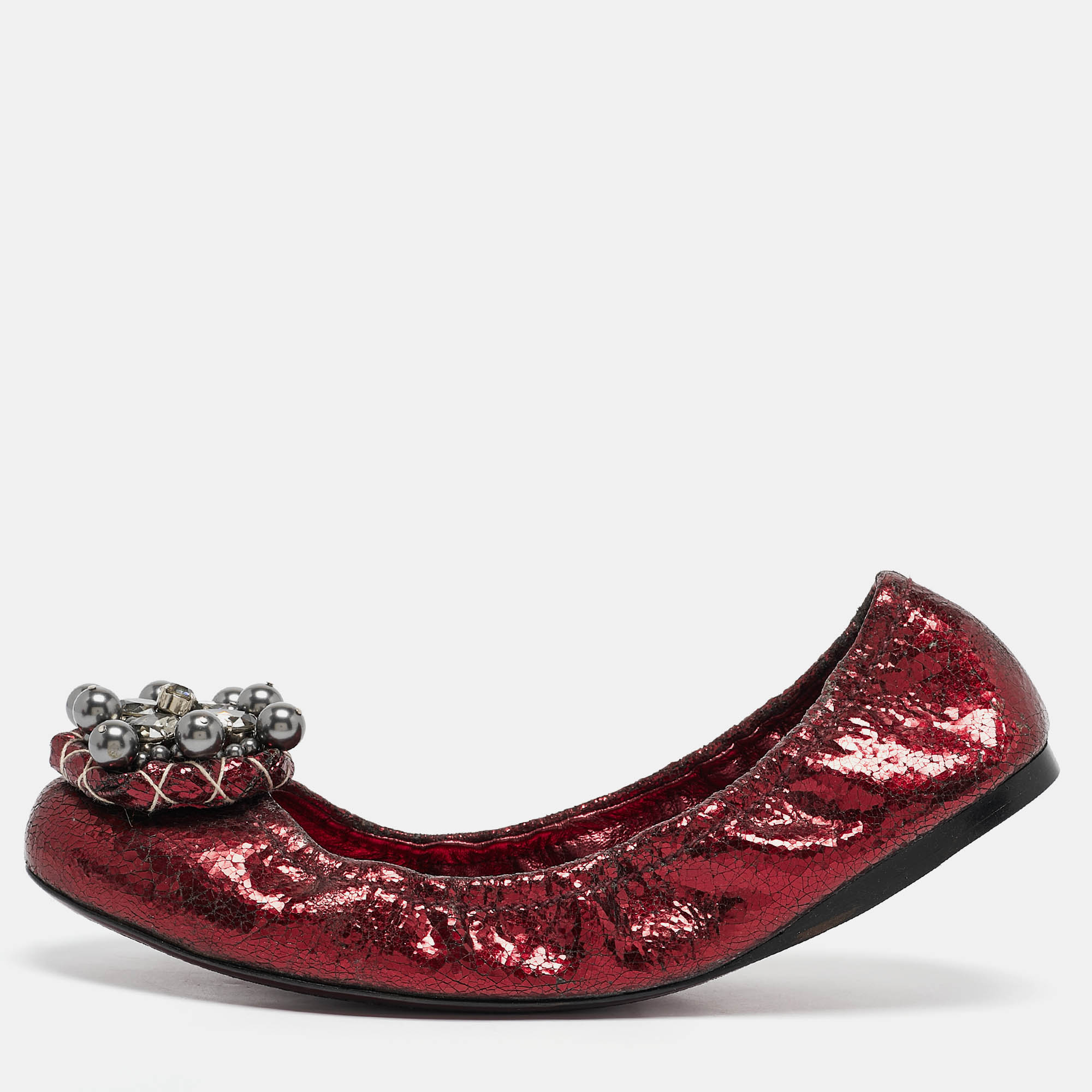 

Miu Miu Burgundy Texture Leather Scrunch Ballet Flats Size